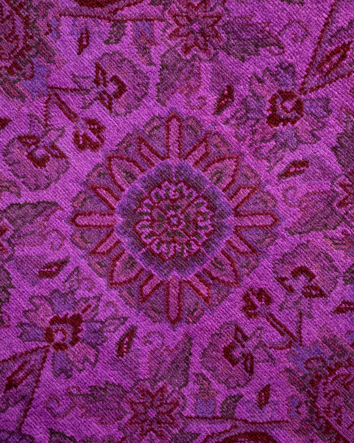 Pakistani Contemporary Overdyed Hand Knotted Wool Purple Round Area Rug For Sale