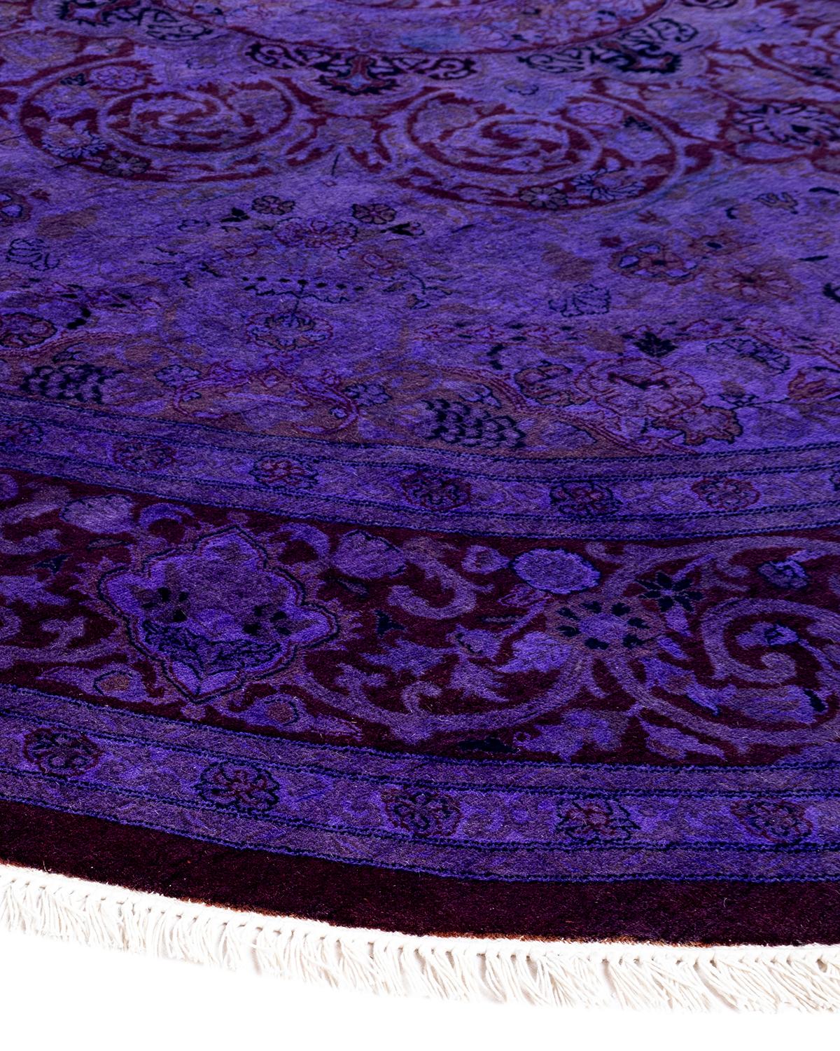 Pakistani Contemporary Overdyed Hand Knotted Wool Purple Round Area Rug For Sale
