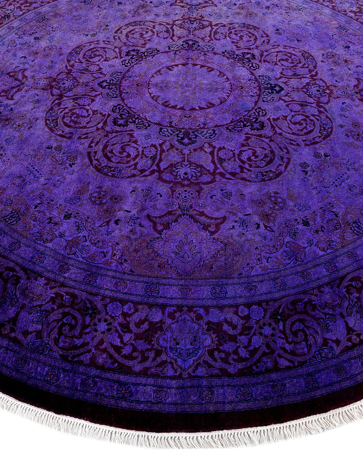 Contemporary Overdyed Hand Knotted Wool Purple Round Area Rug For Sale 1