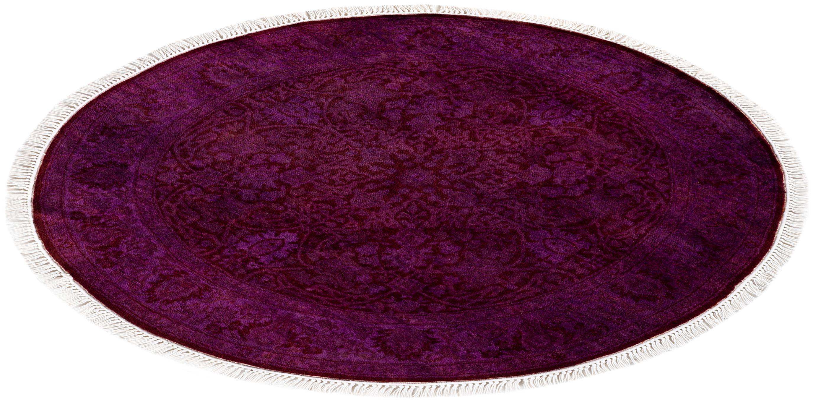 Contemporary Overdyed Hand Knotted Wool Purple Round Area Rug For Sale 4