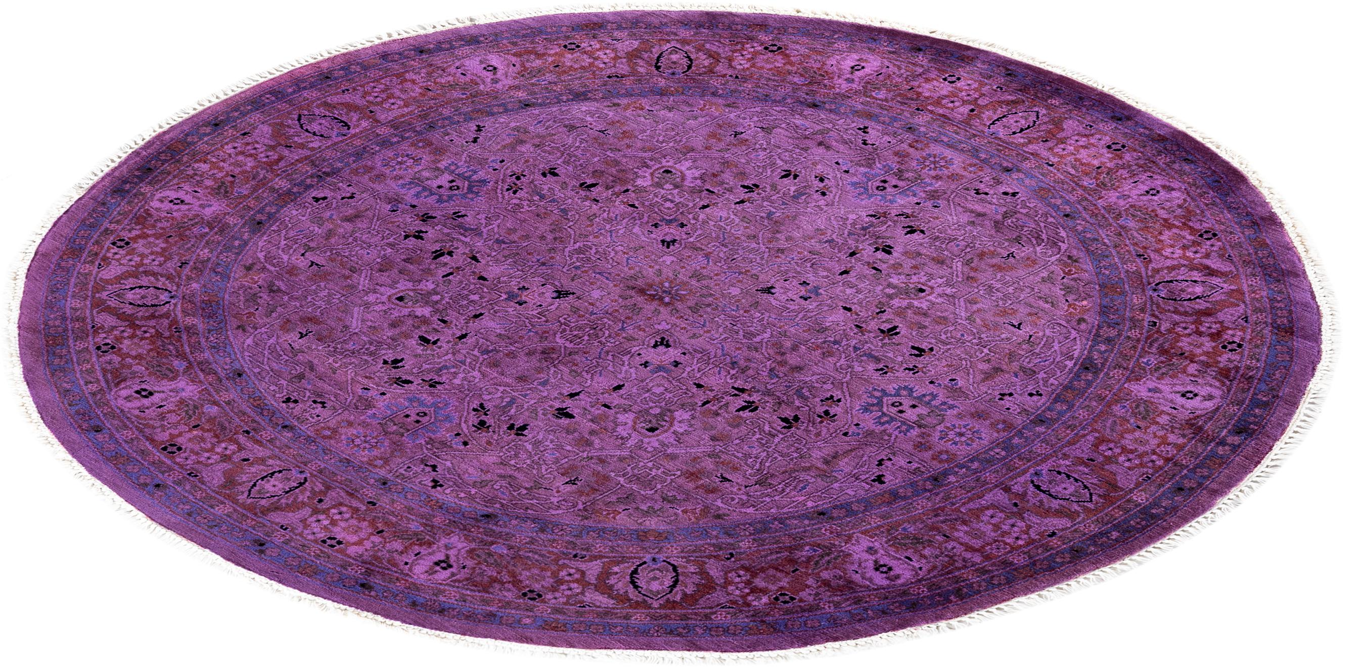 Contemporary Overdyed Hand Knotted Wool Purple Round Area Rug For Sale 4