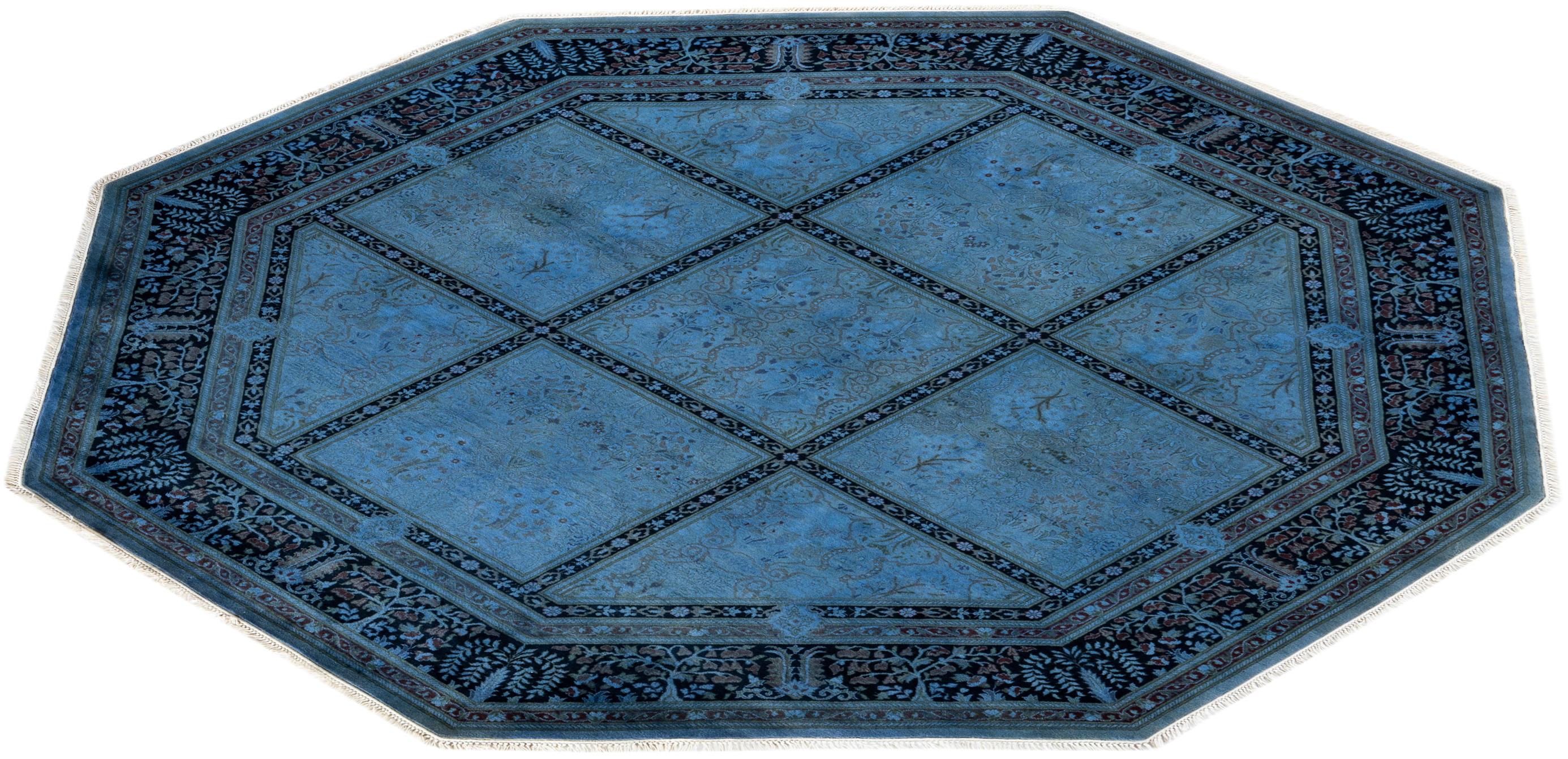 Contemporary Overdyed Hand Knotted Wool Purple Octagon Area Rug For Sale 4