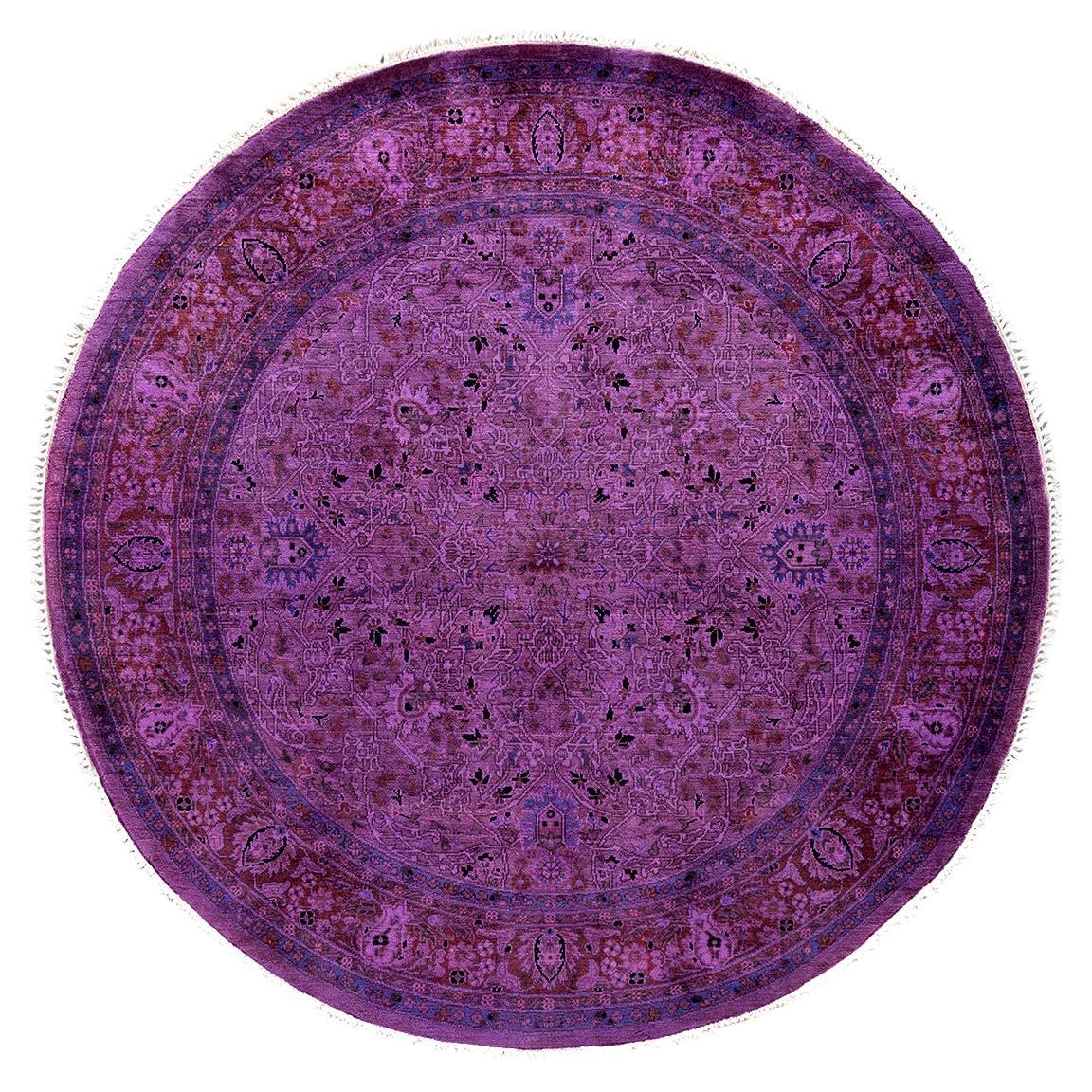 Contemporary Overdyed Hand Knotted Wool Purple Round Area Rug For Sale