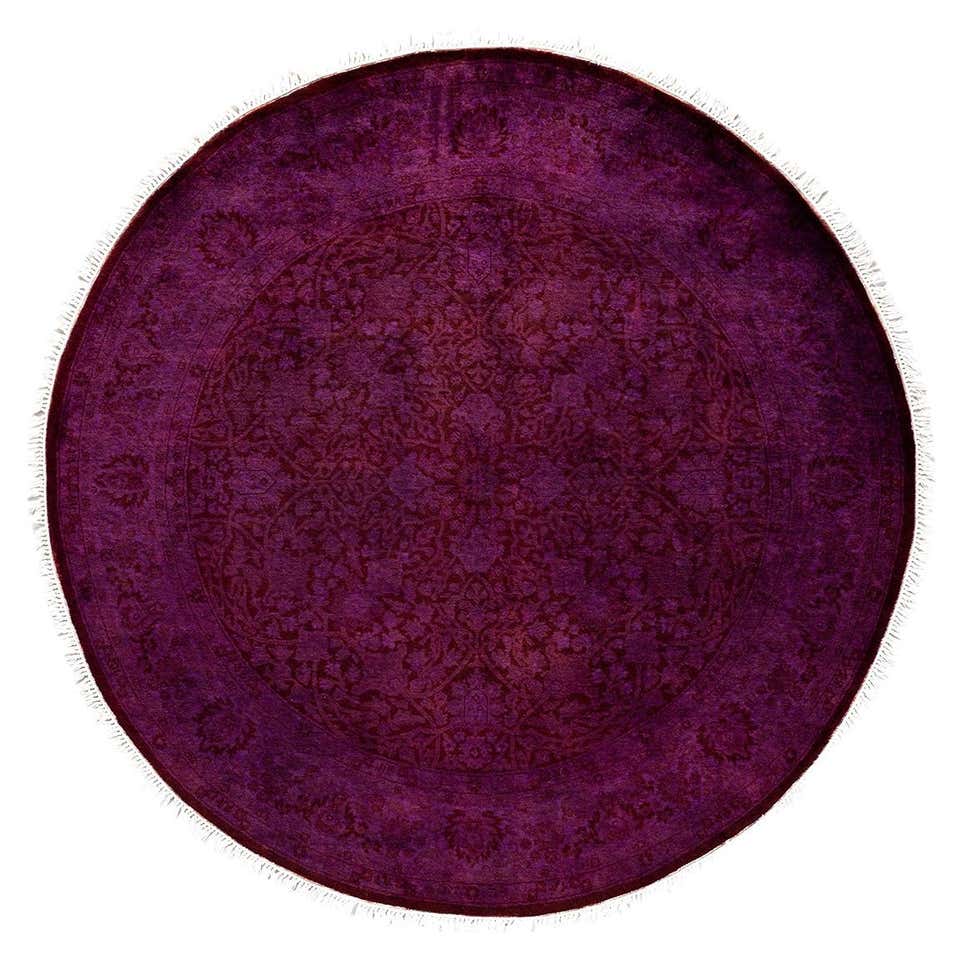 Purple Ripped Rug Contemporary Overdyed Hand Knotted Wool Purple Round Area Rug For Sale ...