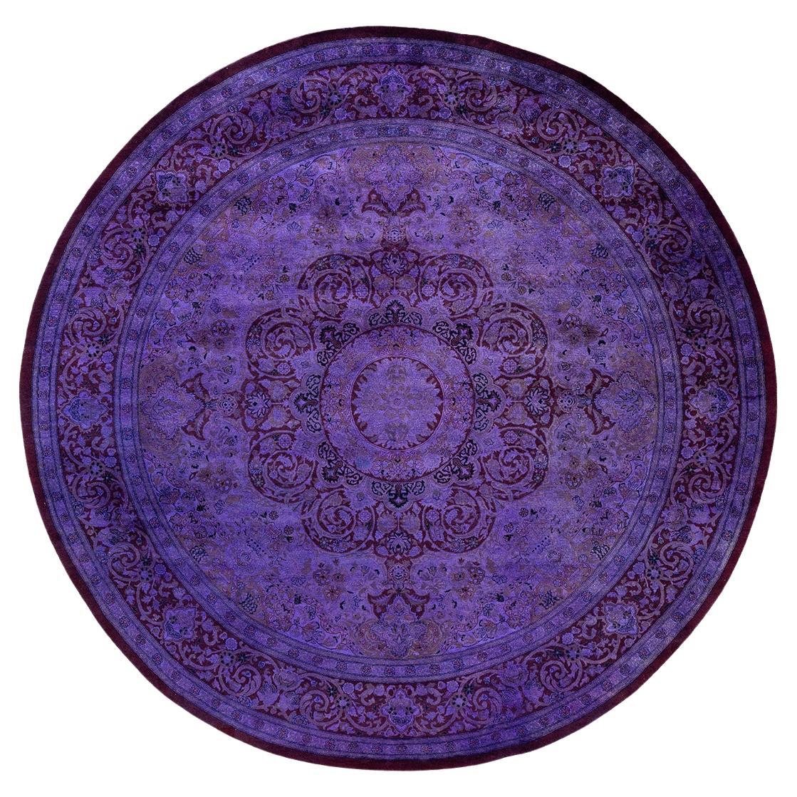 Contemporary Overdyed Hand Knotted Wool Purple Round Area Rug For Sale