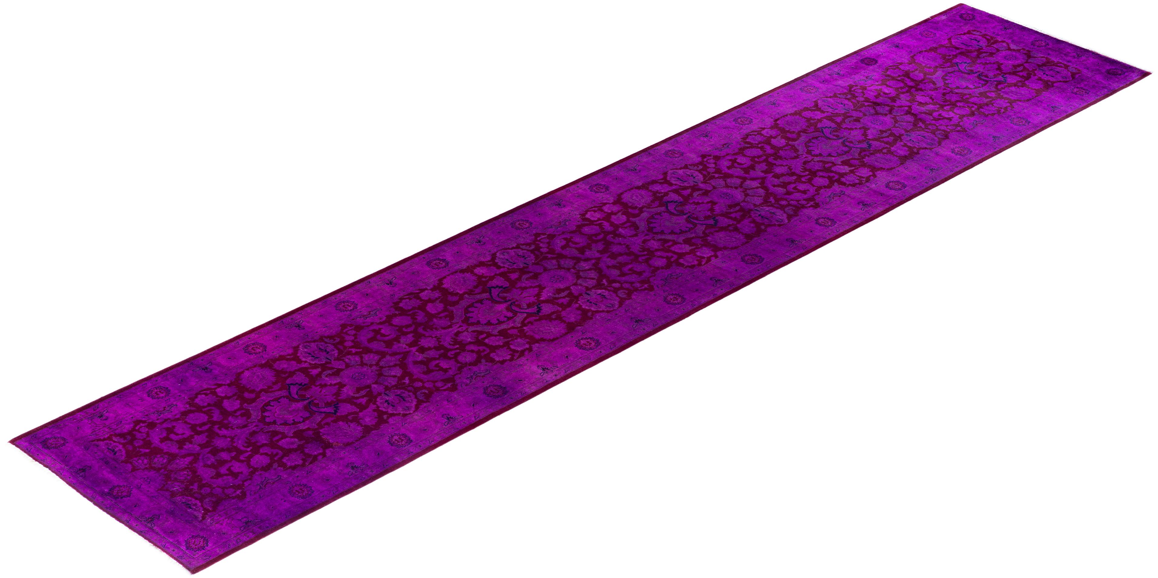Contemporary Overdyed Hand Knotted Wool Purple Runner 2' 7