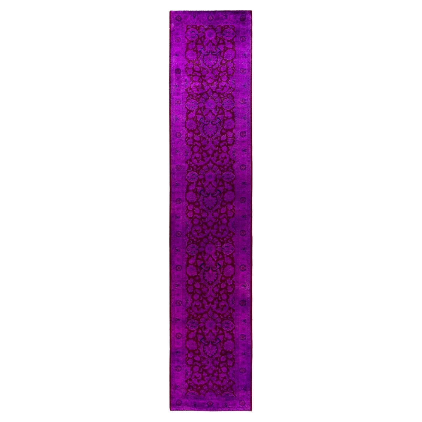 Contemporary Overdyed Hand Knotted Wool Purple Runner 2' 7" x 12' 9" im Angebot
