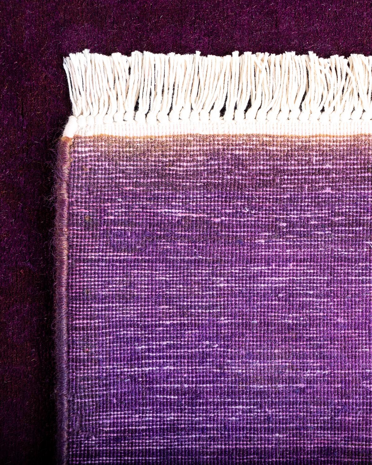 Contemporary Overdyed Hand Knotted Wool Purple Runner For Sale 1