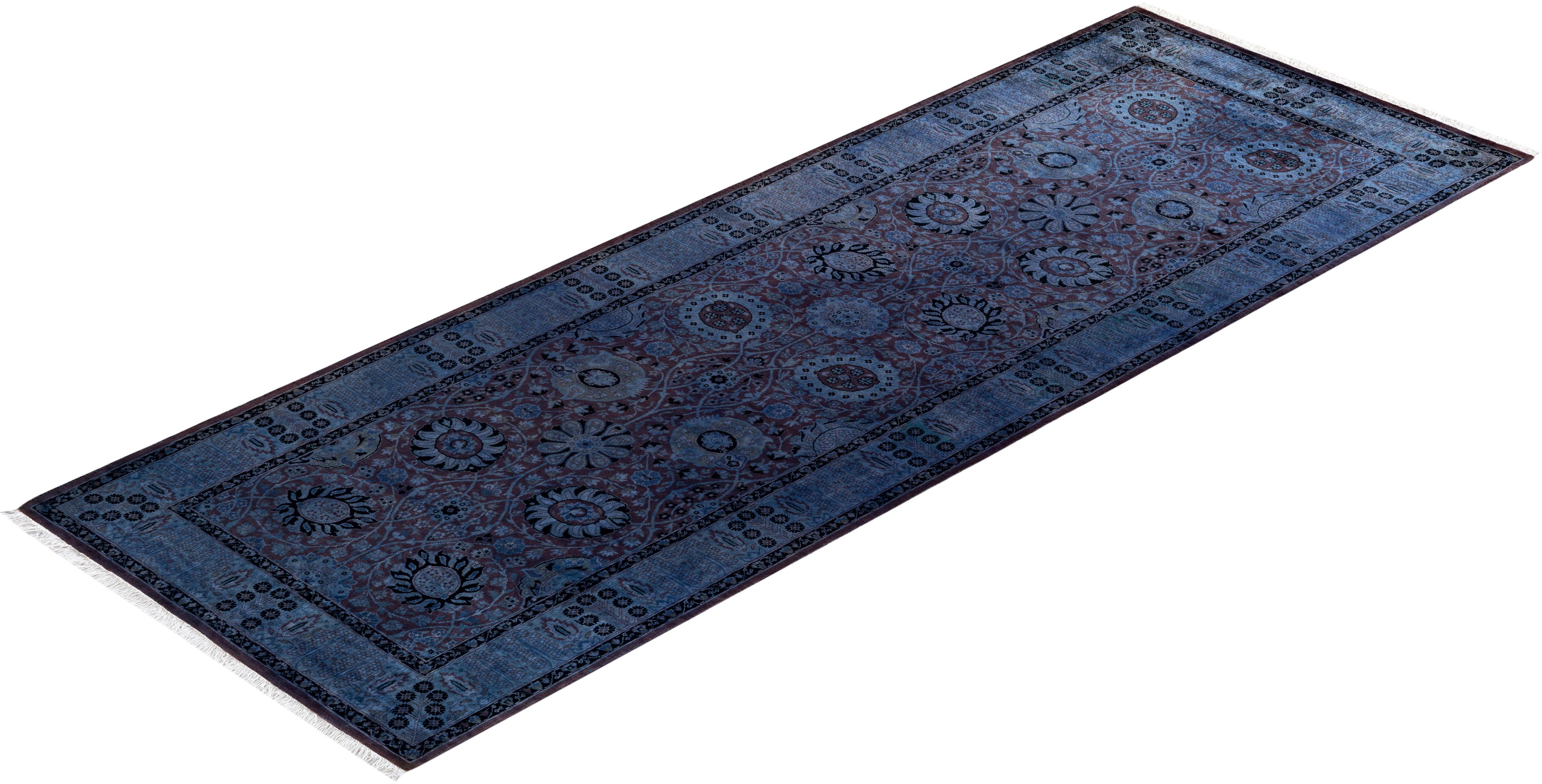 Contemporary Overdyed Hand Knotted Wool Purple Runner For Sale 4