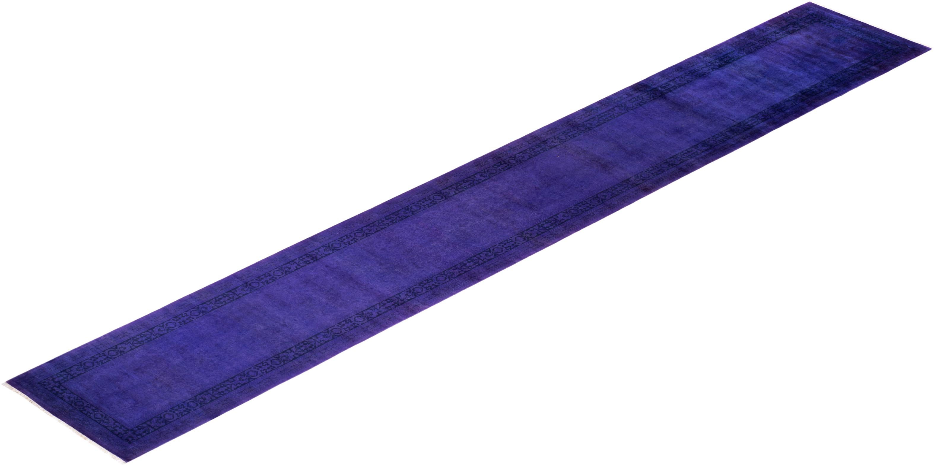 Contemporary Overdyed Hand Knotted Wool Purple Runner For Sale 4