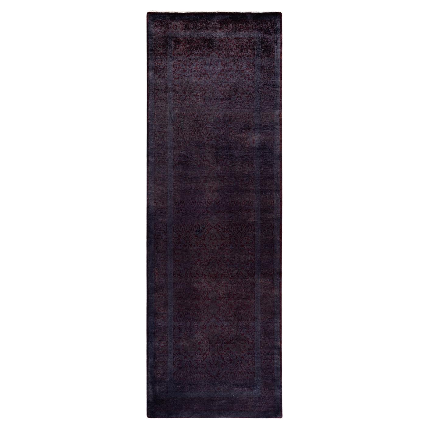 Contemporary Overdyed Hand Knotted Wool Purple Runner For Sale