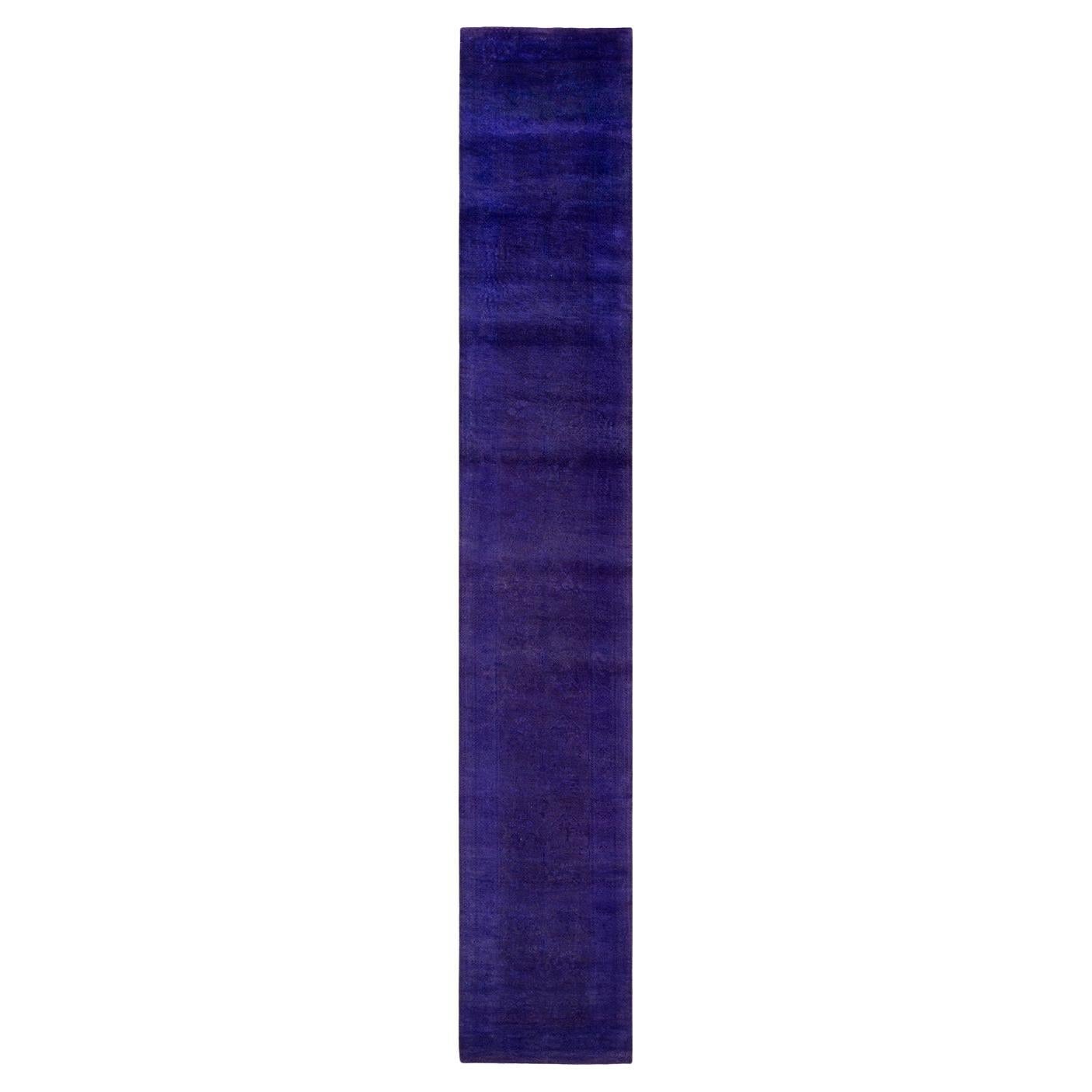Contemporary Overdyed Hand Knotted Wool Purple Runner