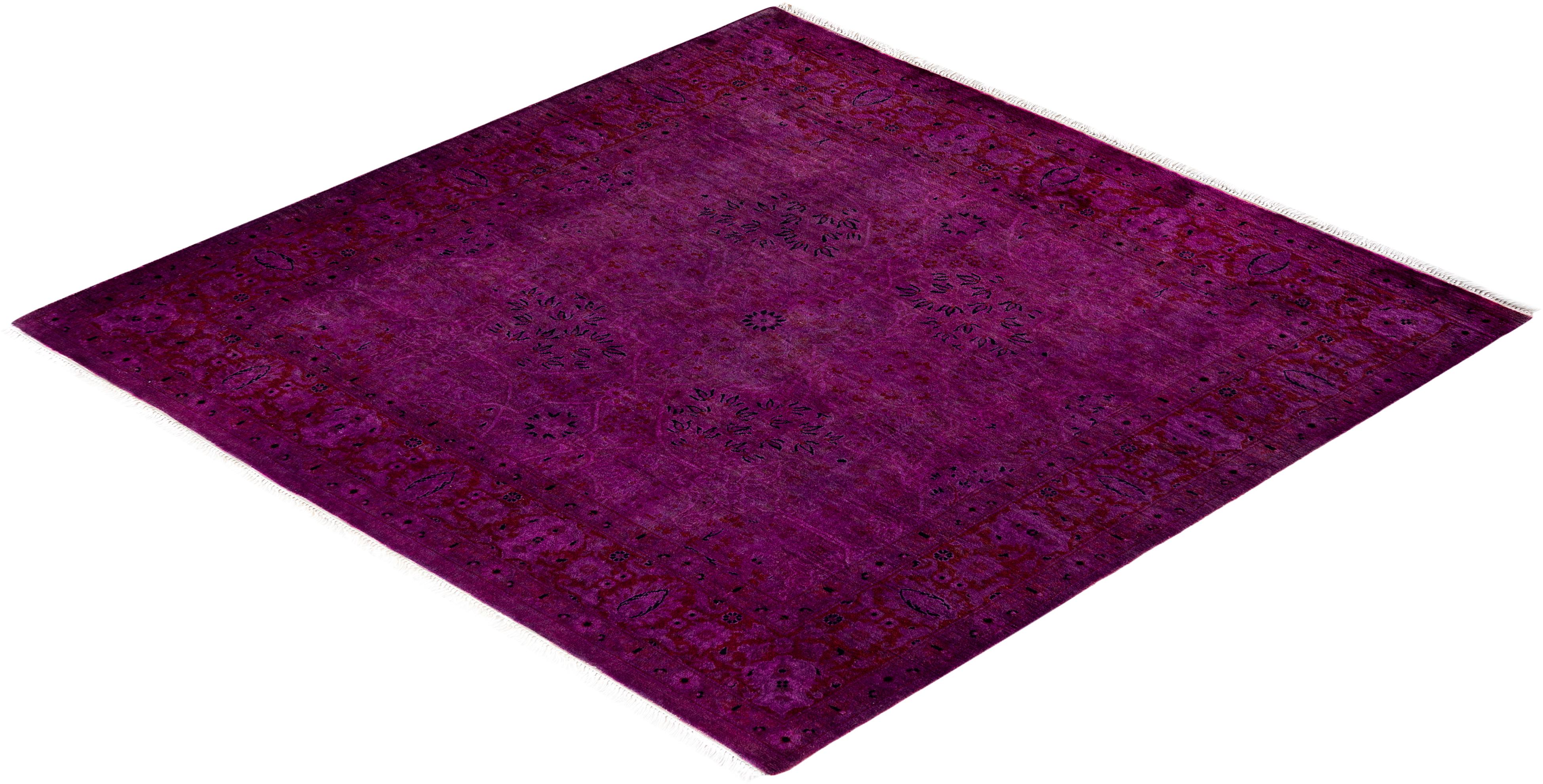 Contemporary Overdyed Hand Knotted Wool Purple Square Area Rug 4