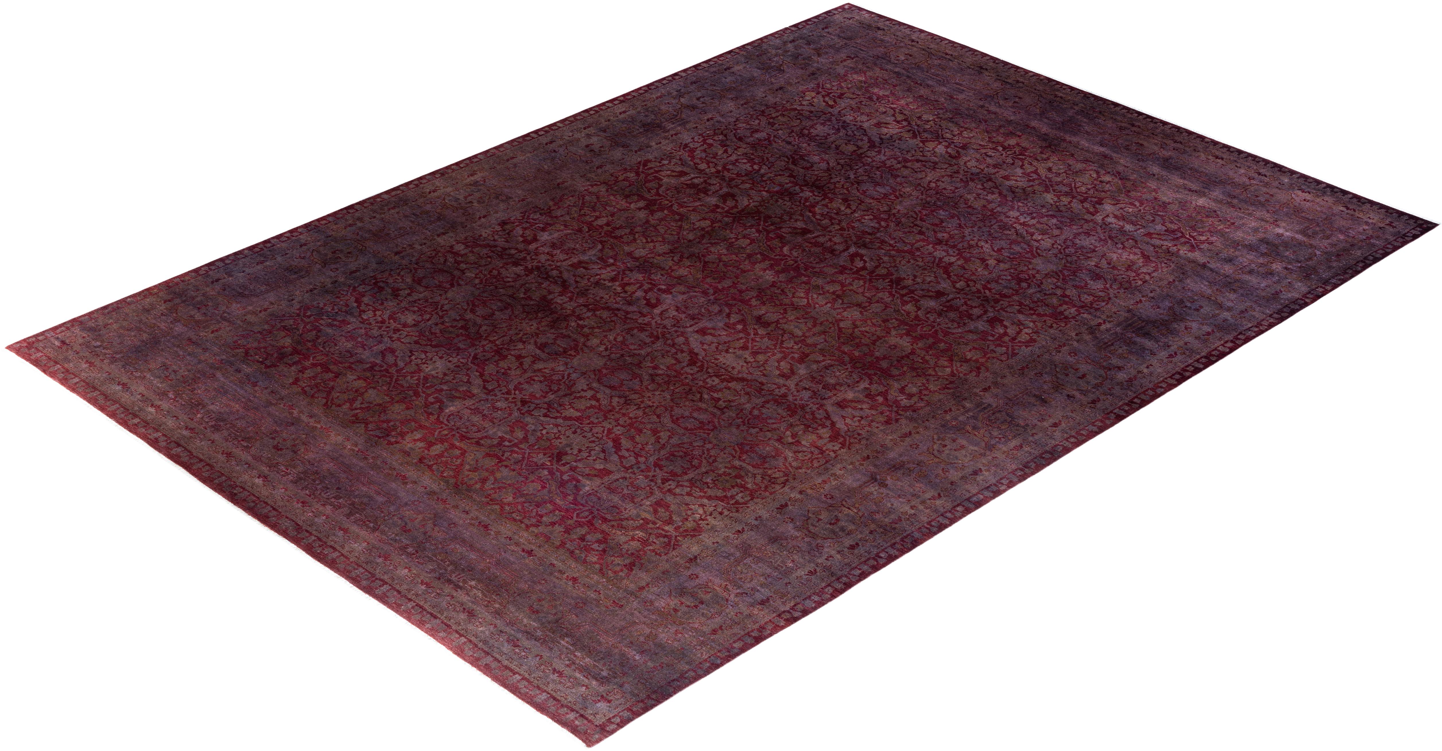 Contemporary Overdyed Hand Knots Rugs, tappeto rosso in lana, 10' 1