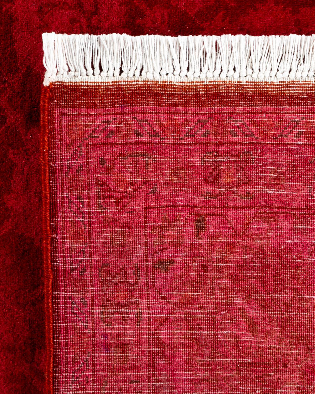 Contemporary Overdyed Hand Knotted Wool Red Area Rug For Sale 1