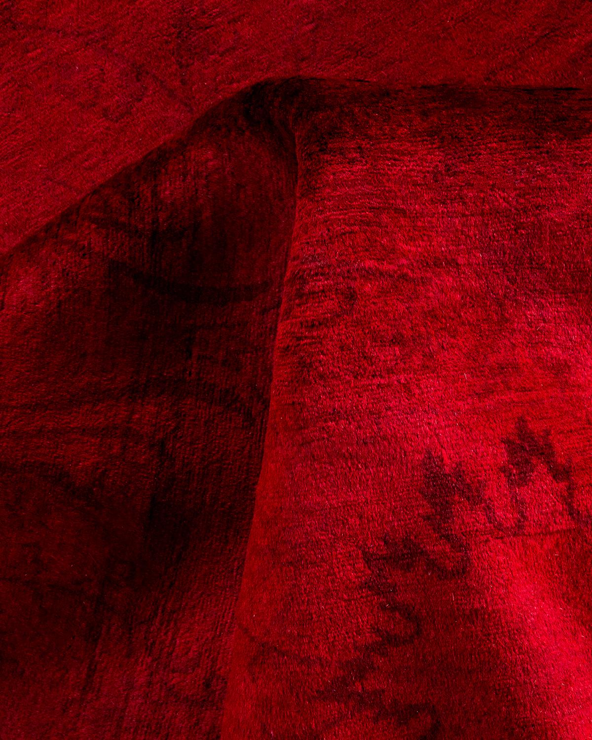 Contemporary Overdyed Hand Knotted Wool Red Area Rug For Sale 3