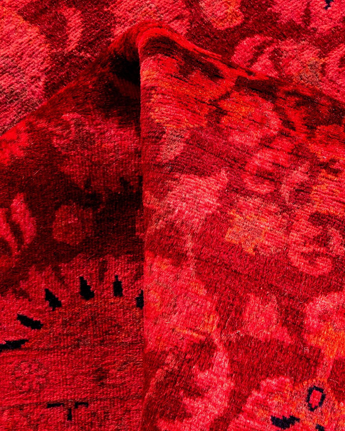 Contemporary Overdyed Hand Knotted Wool Red Area Rug For Sale 3
