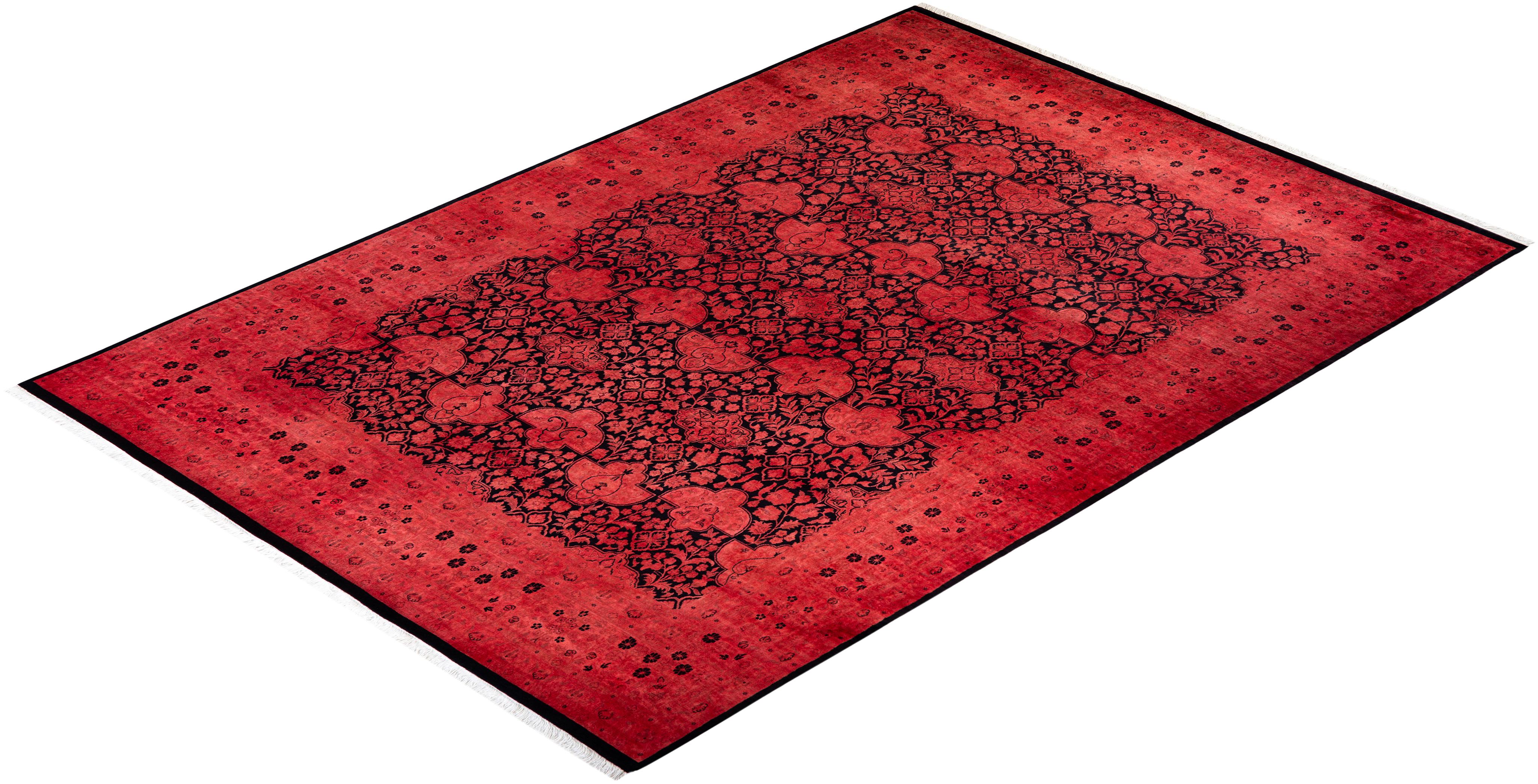 Contemporary Overdyed Hand Knotted Wool Red Area Rug For Sale 4