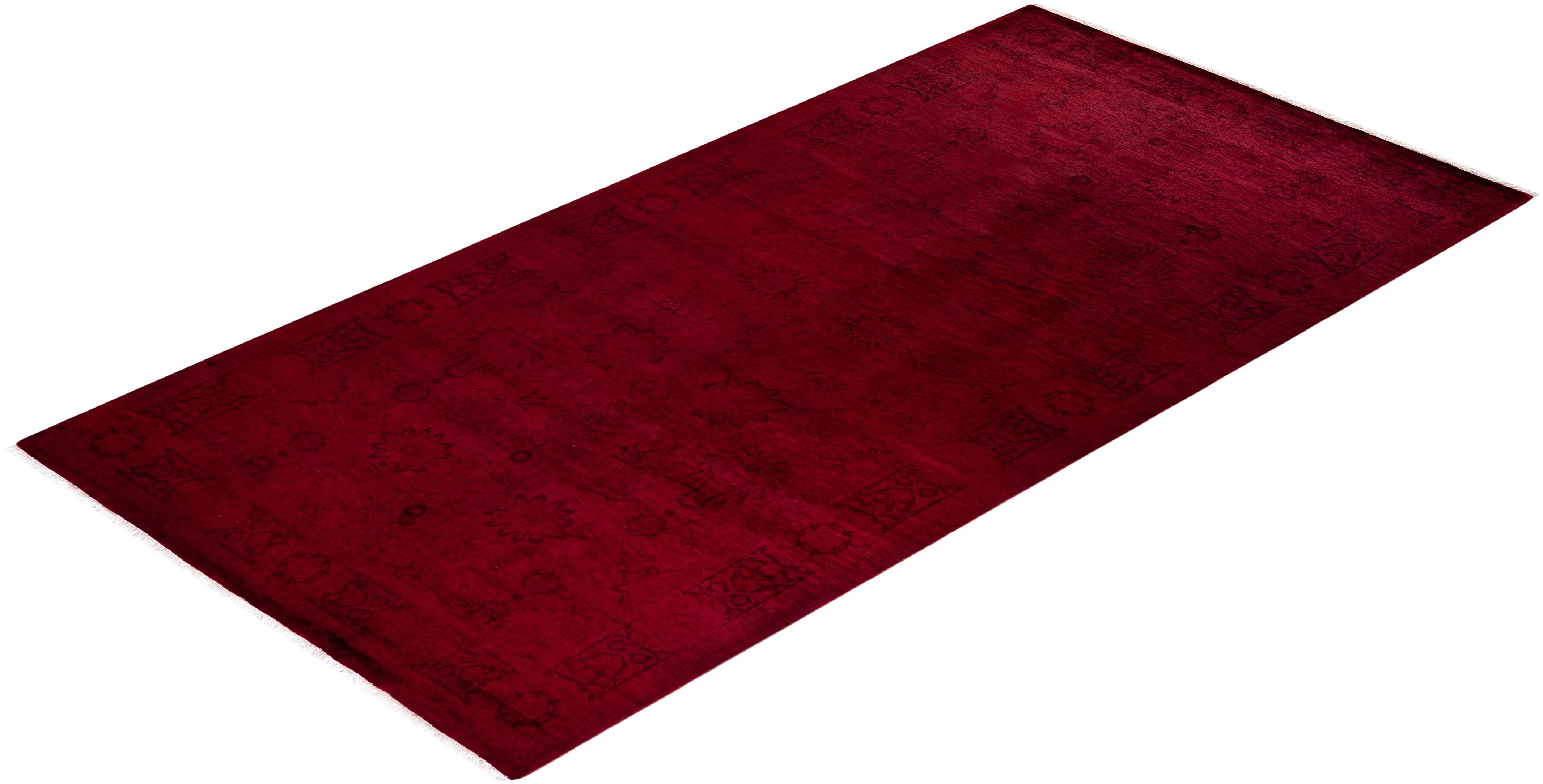 Contemporary Overdyed Hand Knotted Wool Red Area Rug For Sale 4