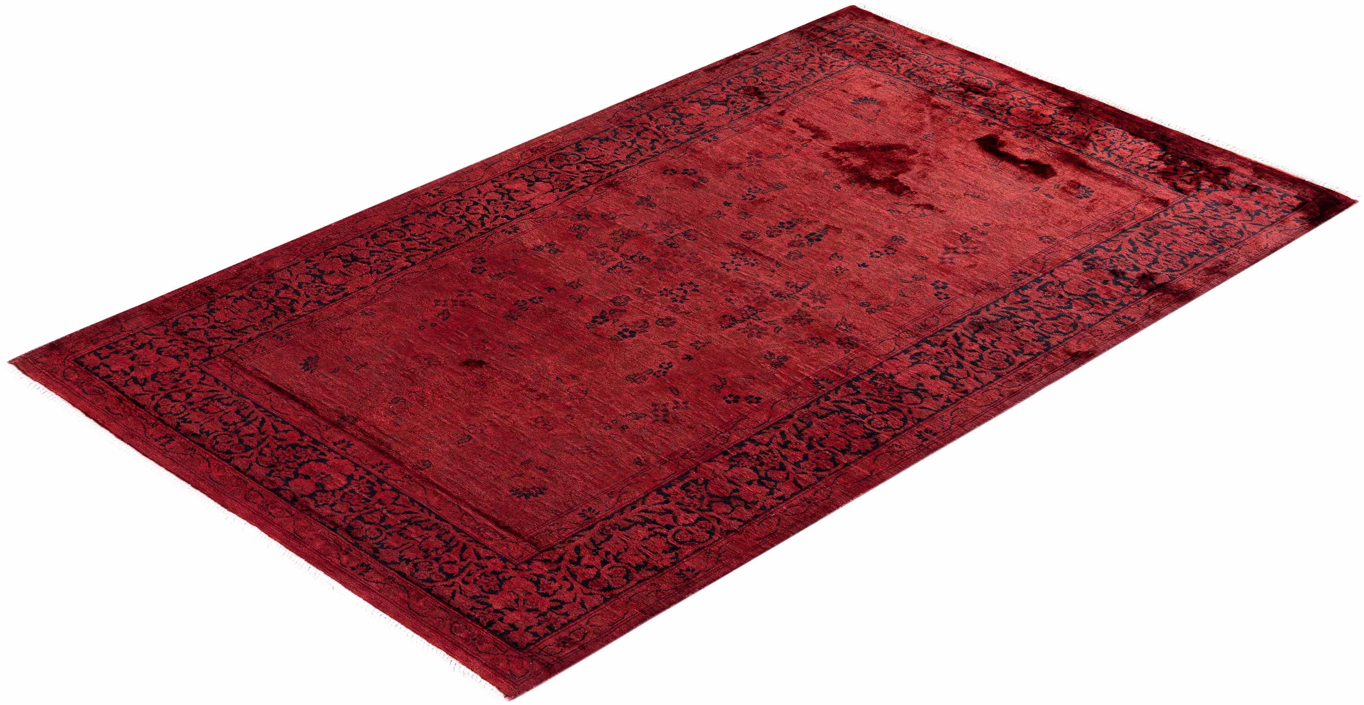 Contemporary Overdyed Hand Knotted Wool Red Area Rug For Sale 4