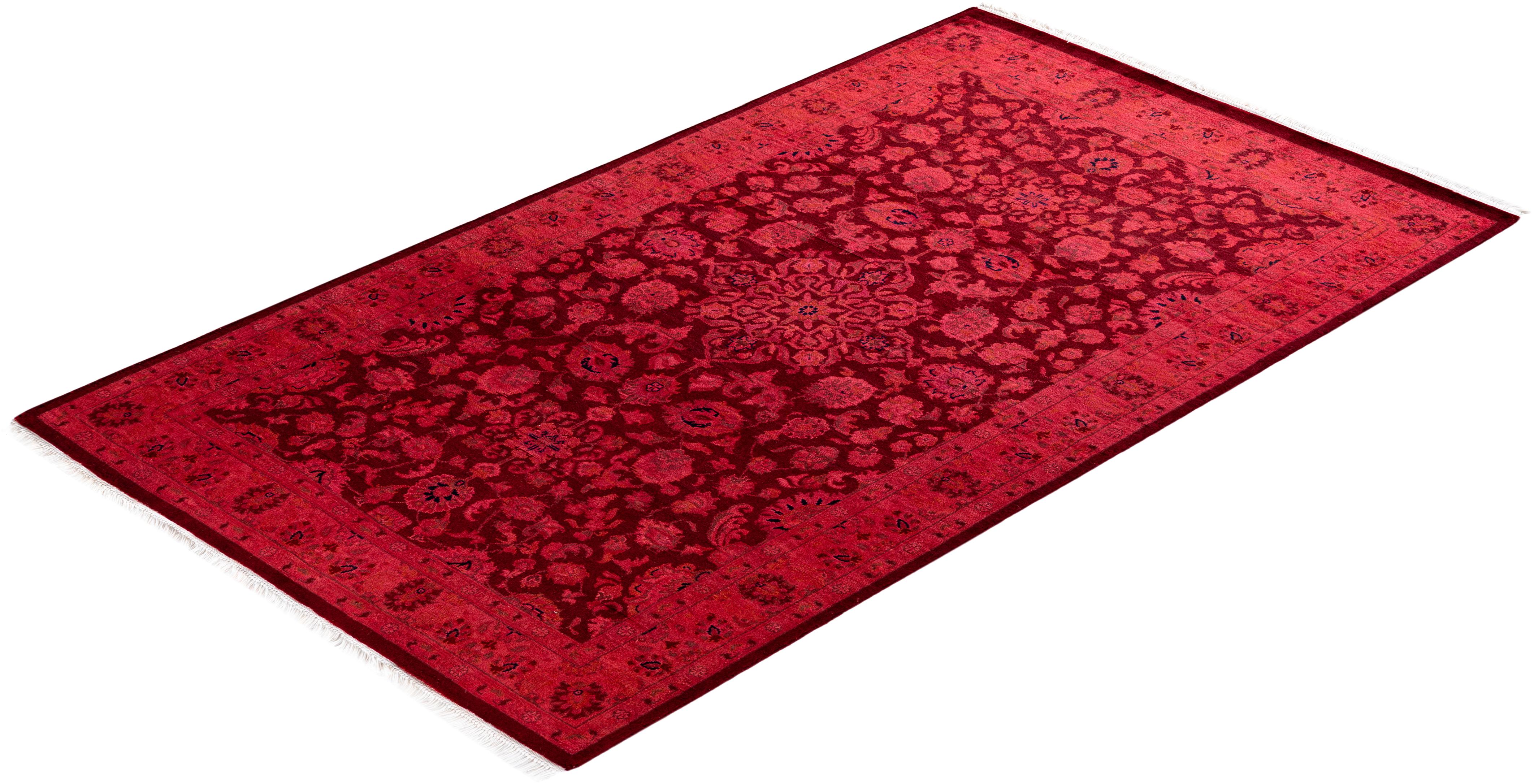 Contemporary Overdyed Hand Knotted Wool Red Area Rug For Sale 4