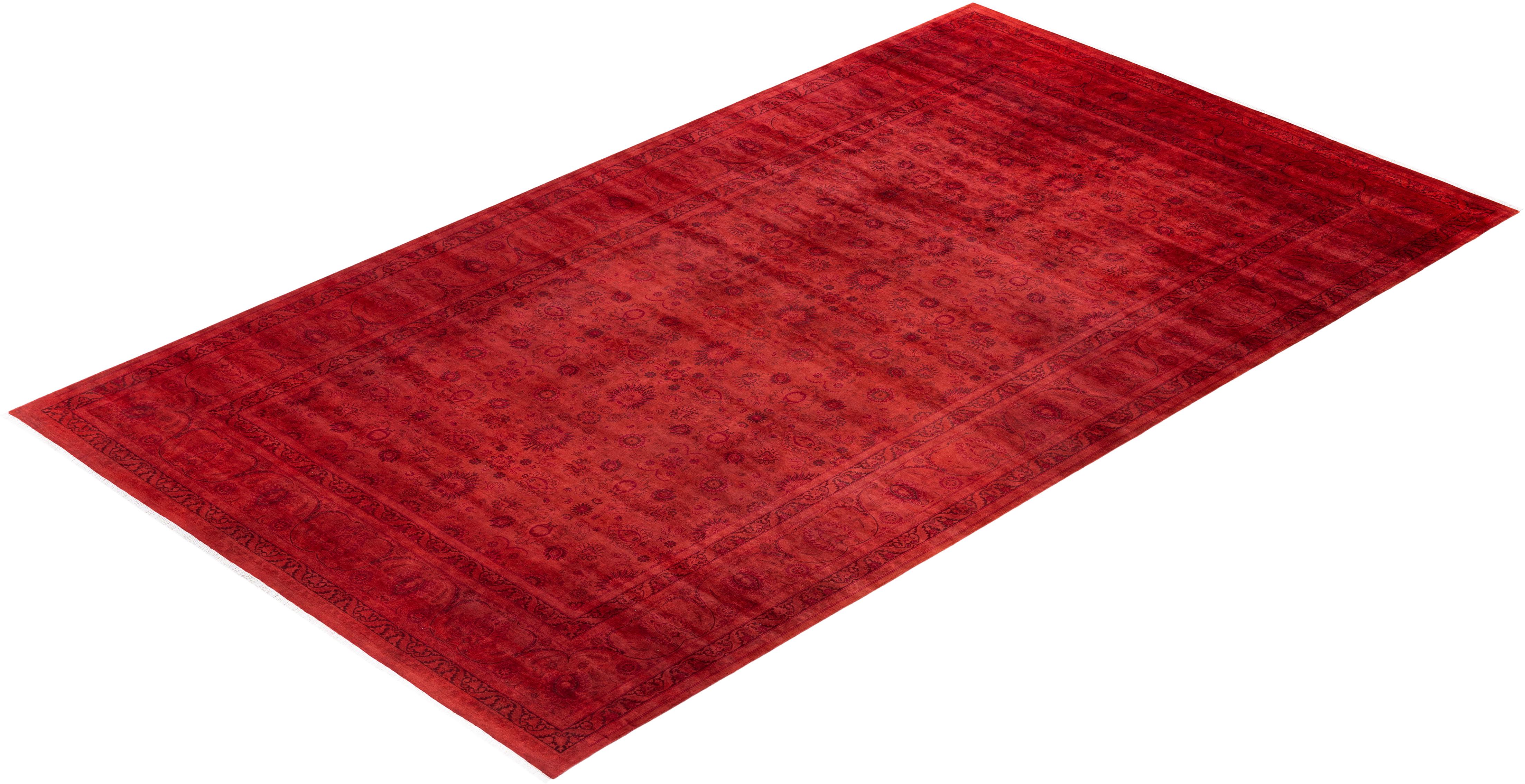 Contemporary Overdyed Hand Knotted Wool Red Area Rug For Sale 4