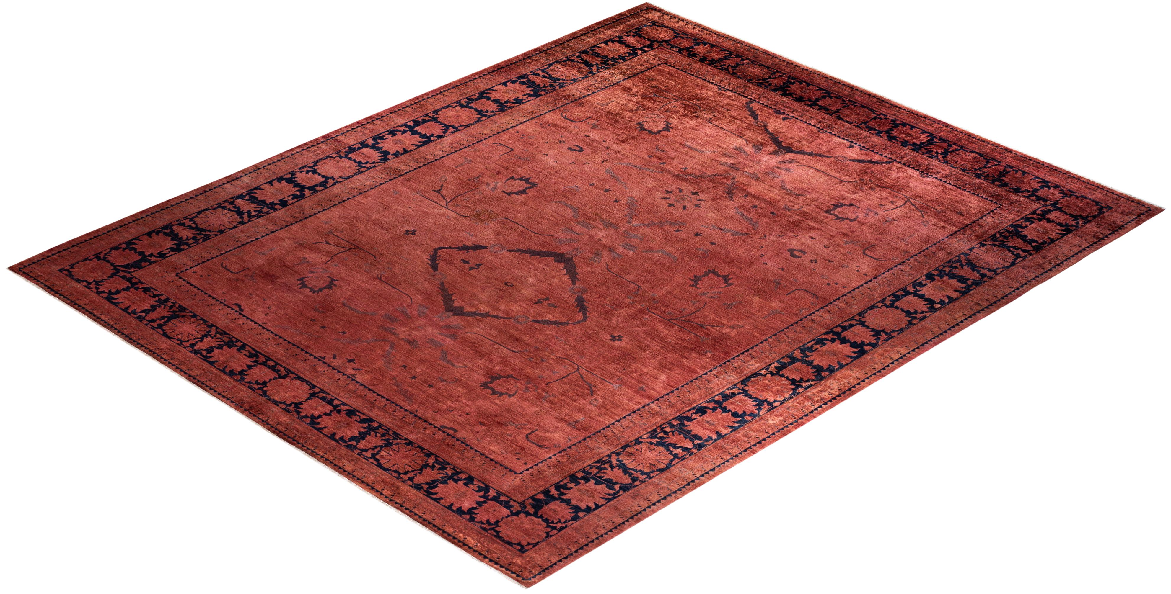 Contemporary Overdyed Hand Knotted Wool Red Area Rug For Sale 4