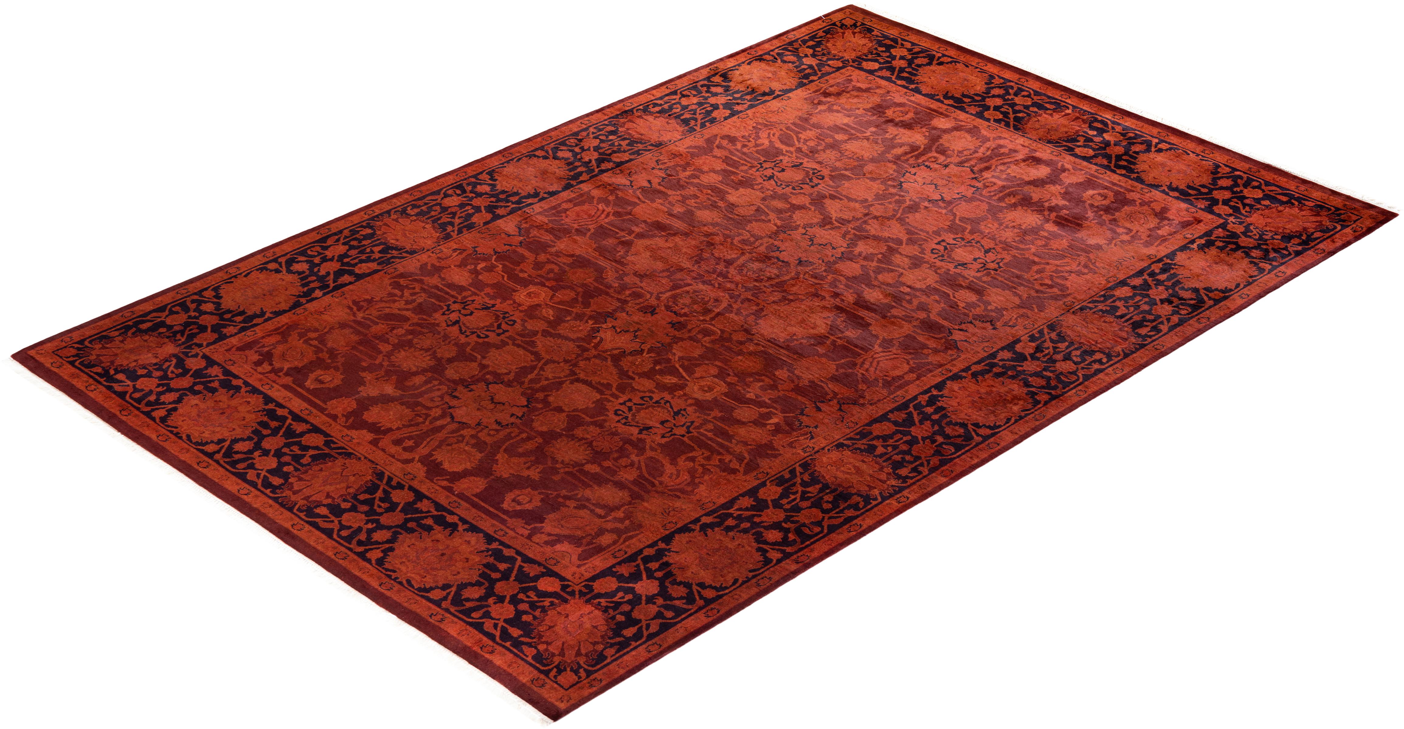 Contemporary Overdyed Hand Knotted Wool Red Area Rug For Sale 4