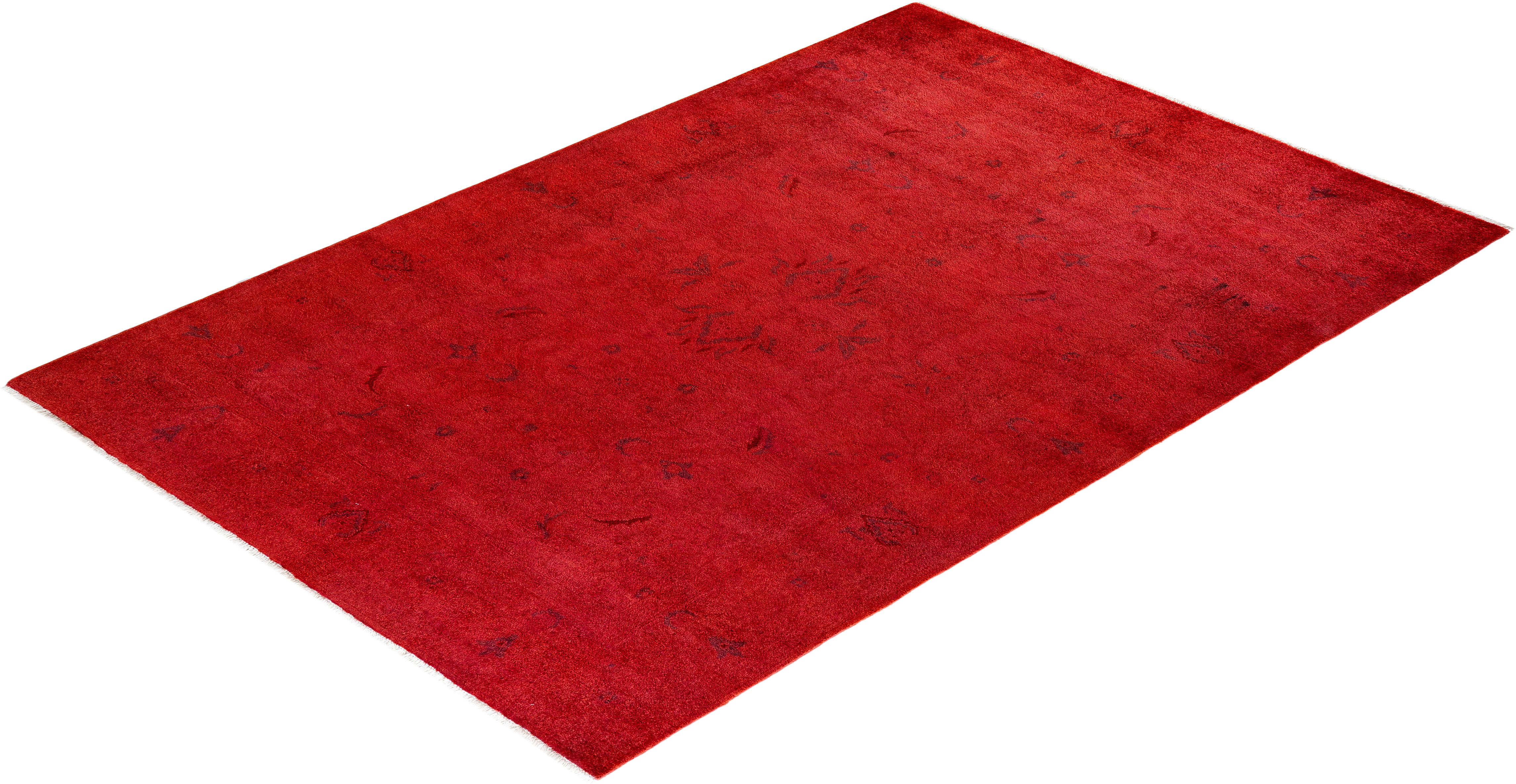 Contemporary Overdyed Hand Knotted Wool Red Area Rug For Sale 4