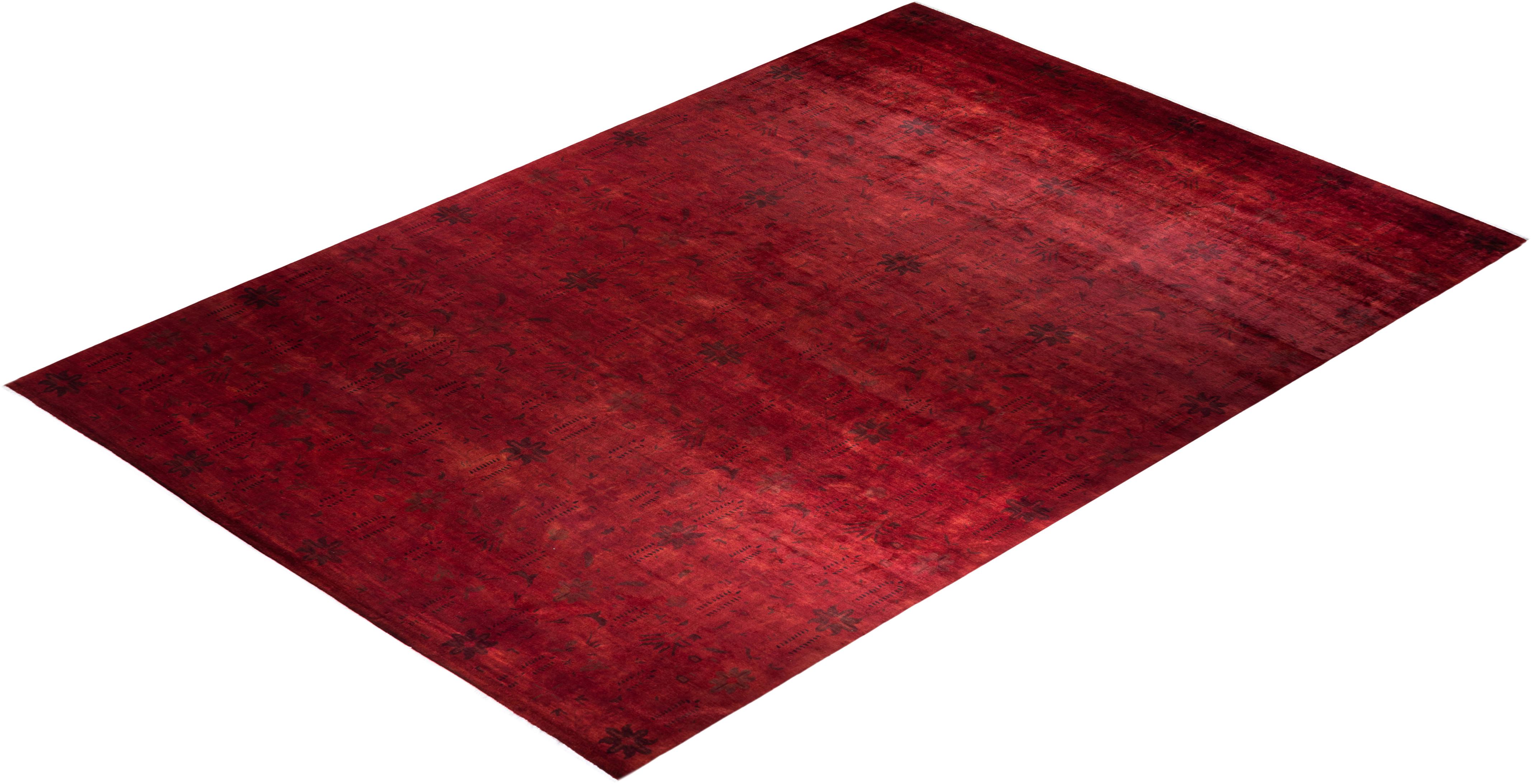 Contemporary Overdyed Hand Knotted Wool Red Area Rug For Sale 4