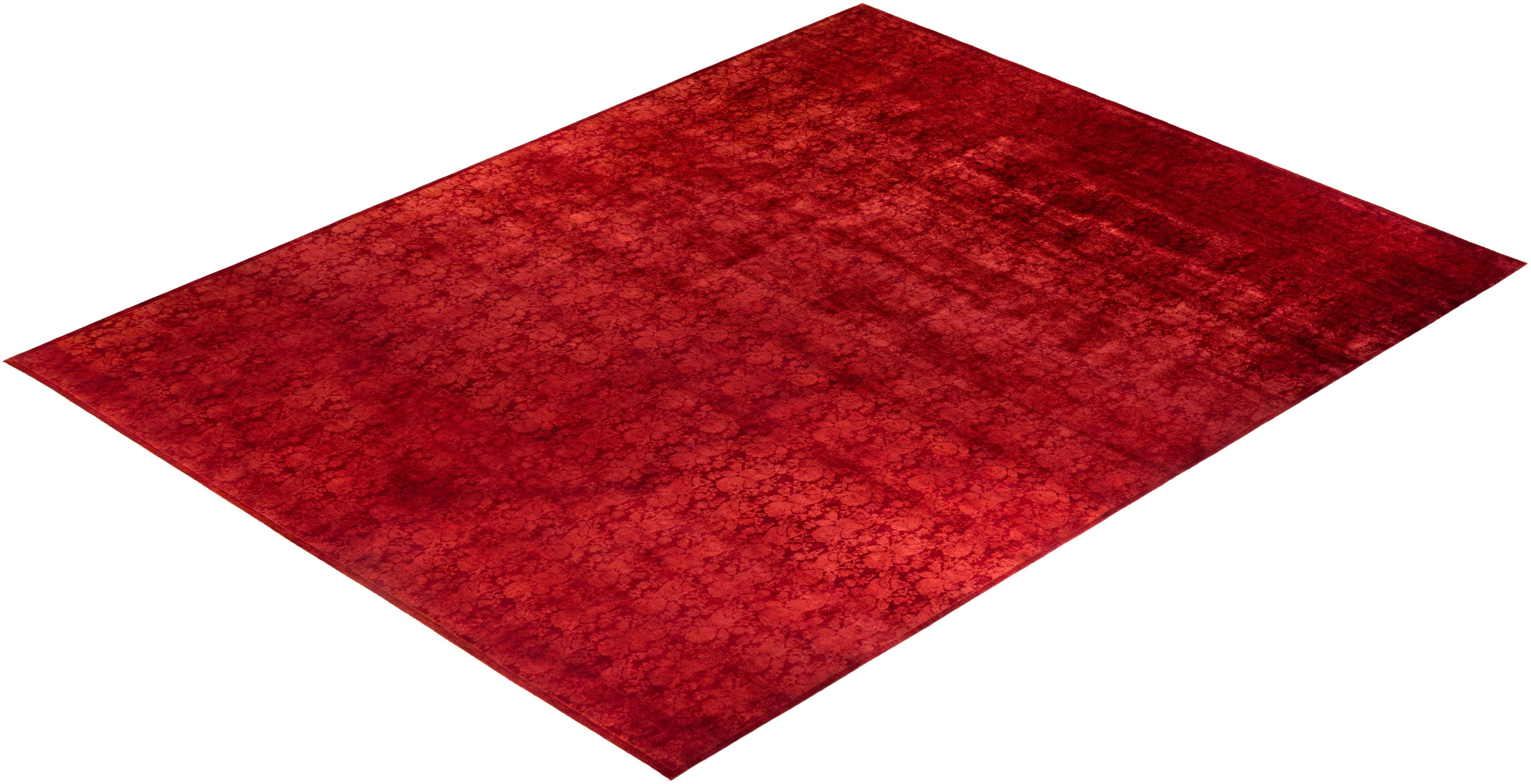 Contemporary Overdyed Hand Knotted Wool Red Area Rug For Sale 4