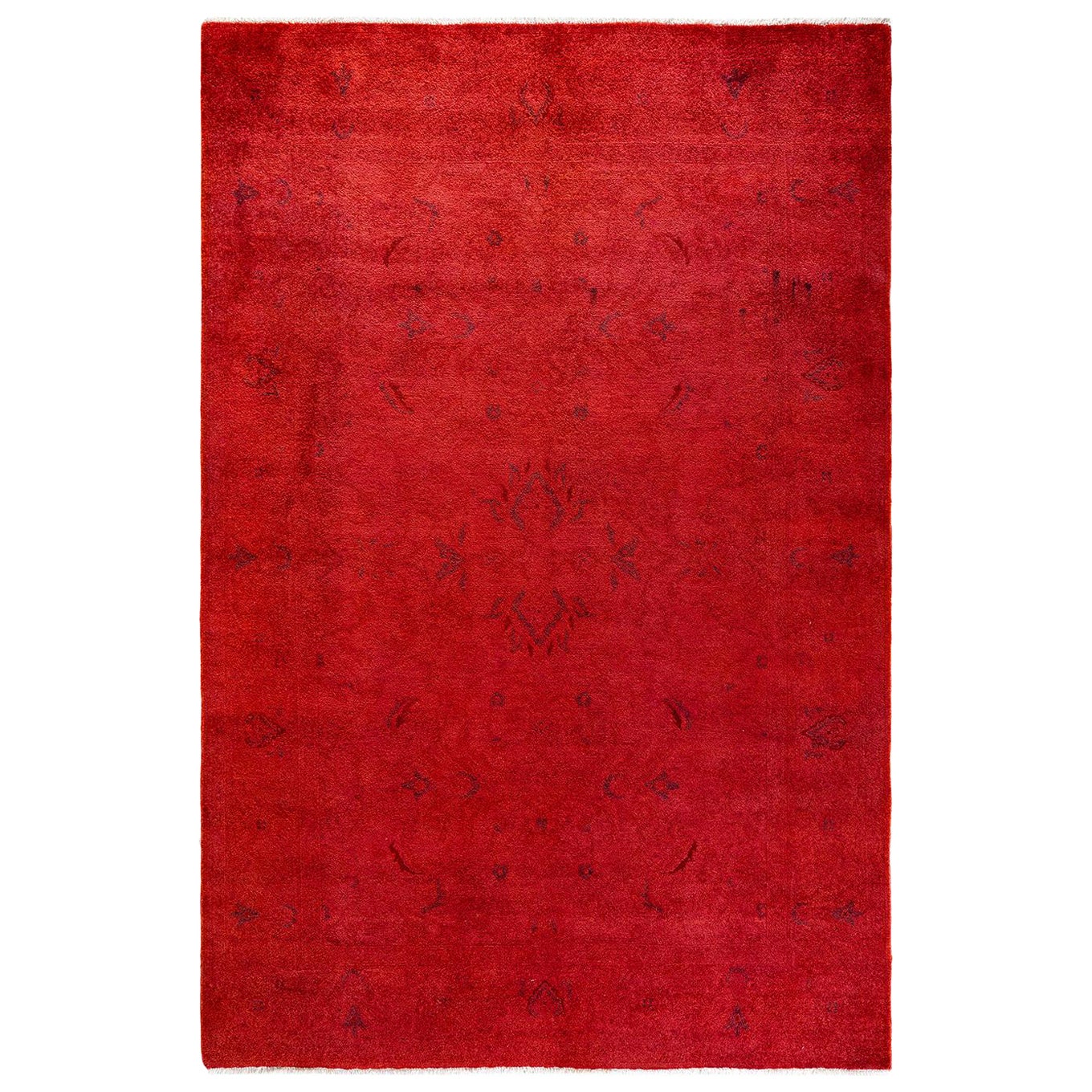 Tapis de sol contemporain en laine surteinte nouée à la main, rouge