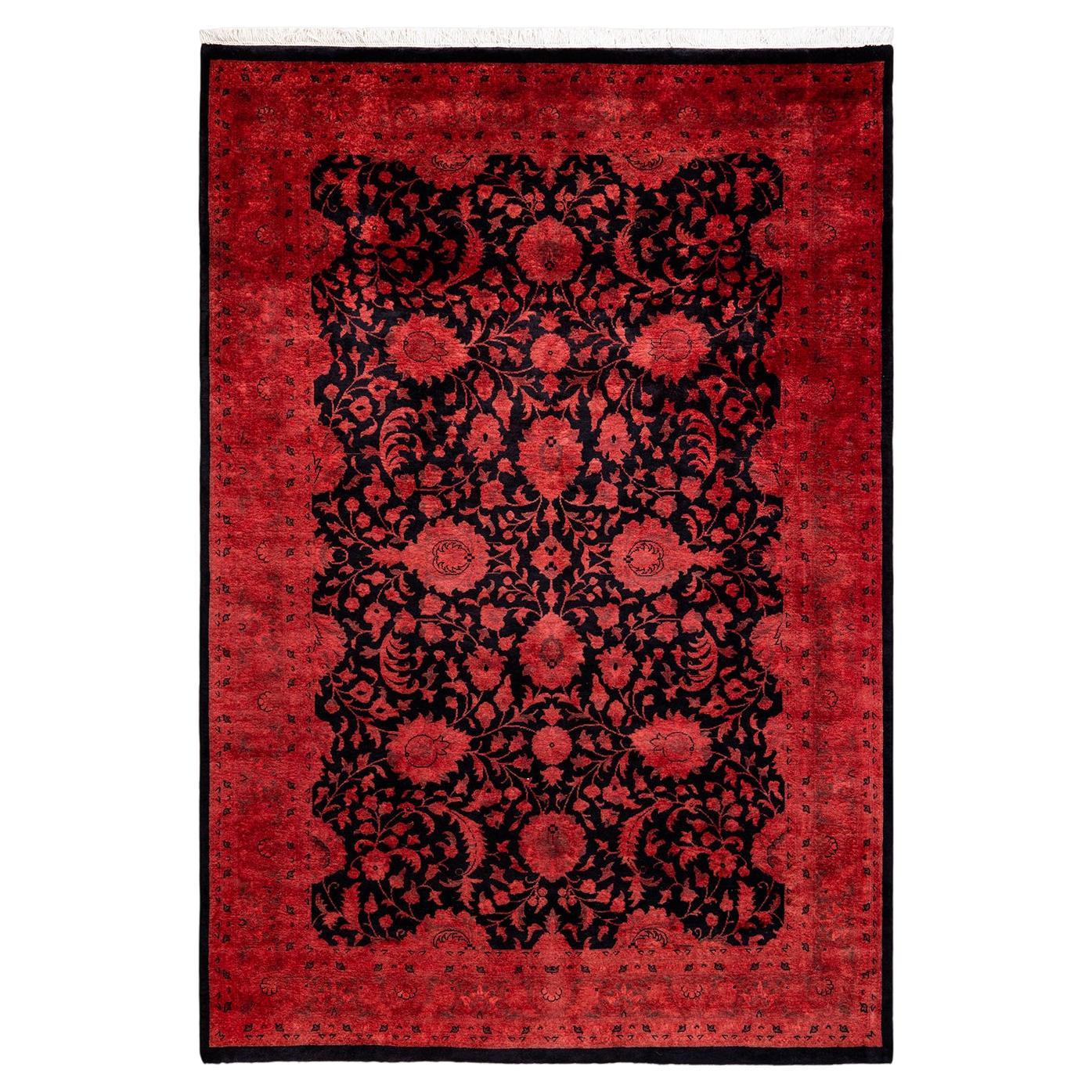 Tapis de sol contemporain en laine surteinte nouée à la main, rouge