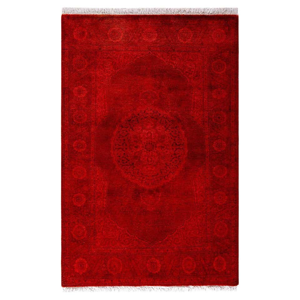 Contemporary Overdyed Hand Knotted Wool Red Area Rug For Sale at 1stDibs
