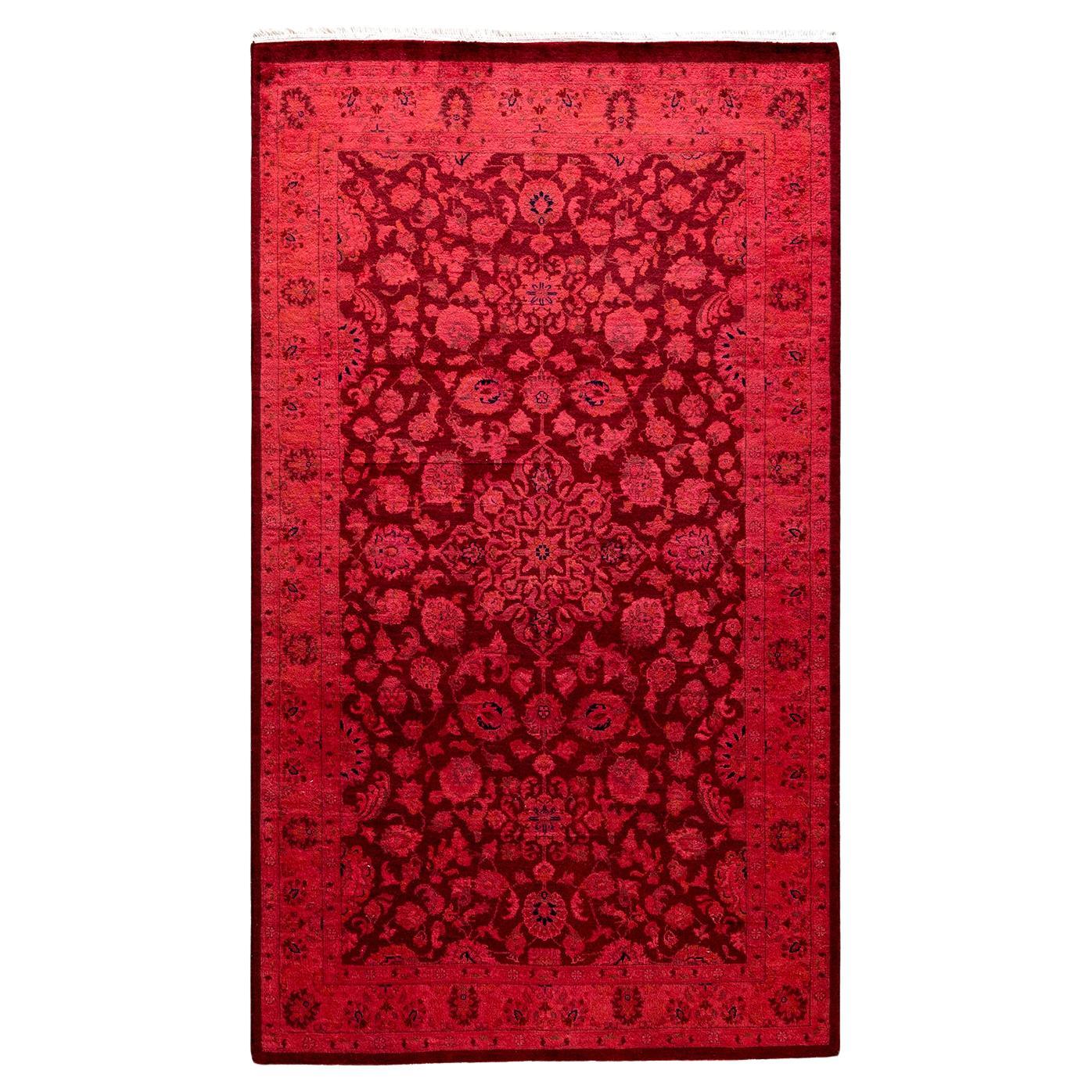 Contemporary Overdyed Hand Knotted Wool Red Area Rug For Sale