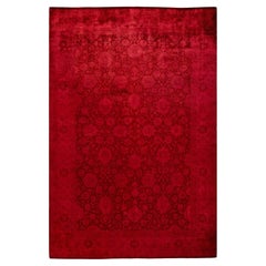 Tapis de sol contemporain en laine surteinte nouée à la main, rouge