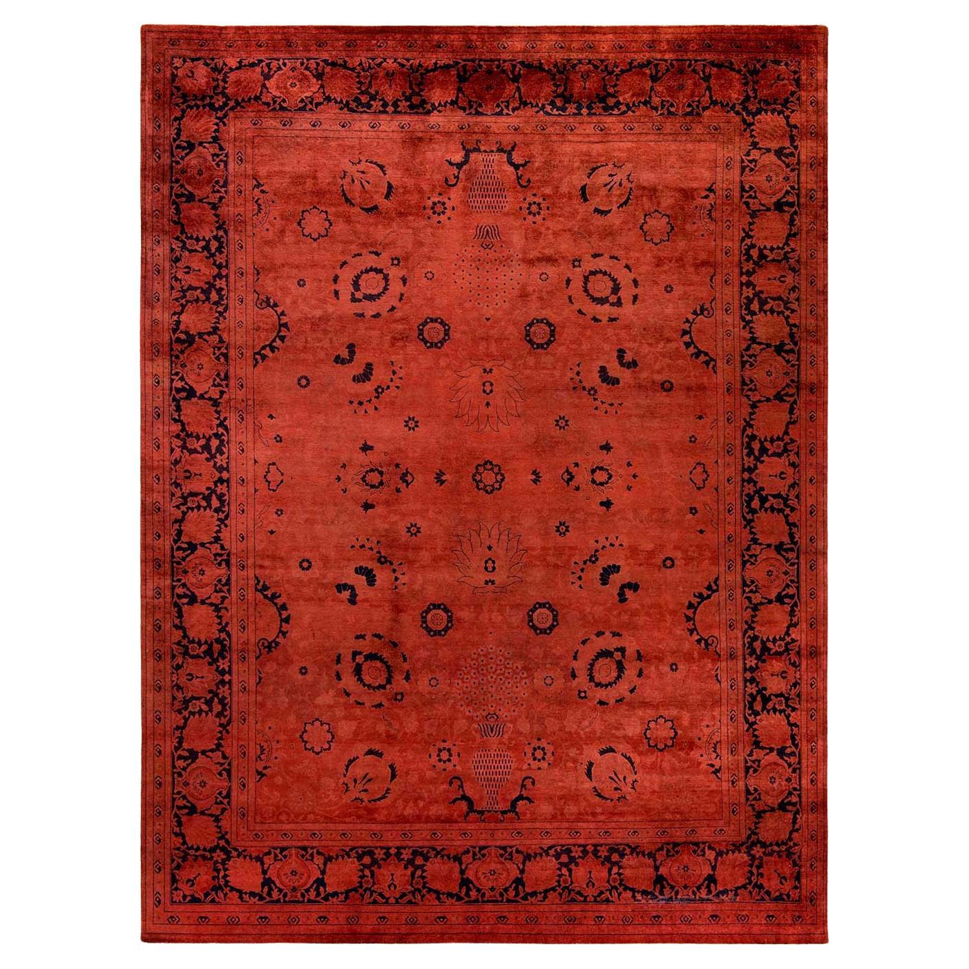 Contemporary Overdyed Hand Knotted Wool Red Area Rug