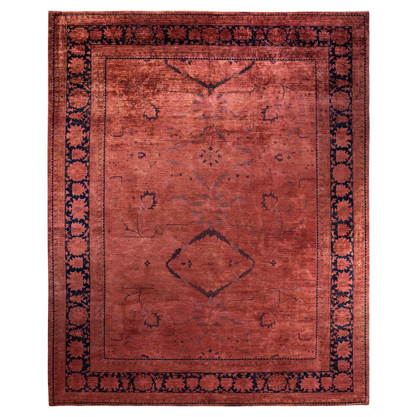 Contemporary Overdyed Hand Knotted Wool Red Area Rug For Sale