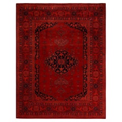 Tapis de sol contemporain en laine surteinte nouée à la main, rouge