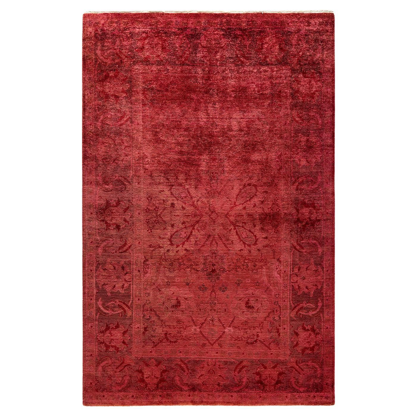 Contemporary Overdyed Hand Knotted Wool Red Area Rug For Sale