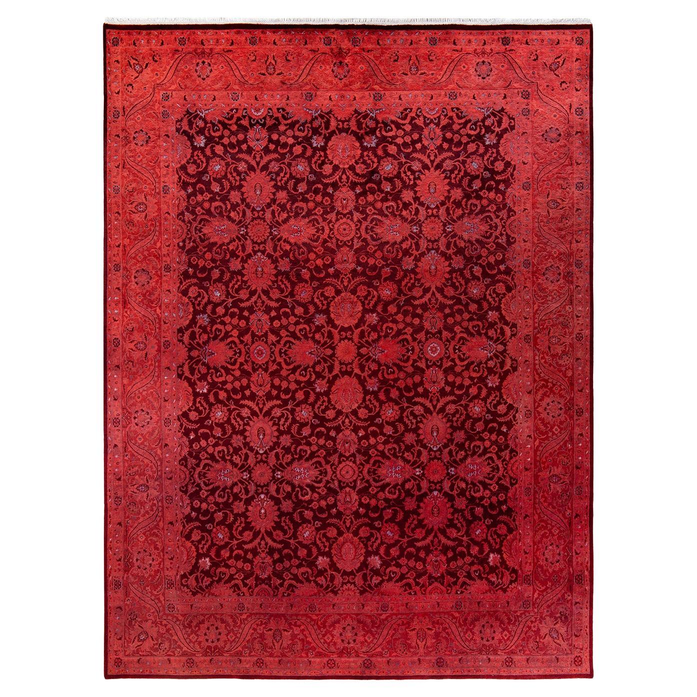Tappeto contemporaneo in lana rosso sovratinto e annodato a mano