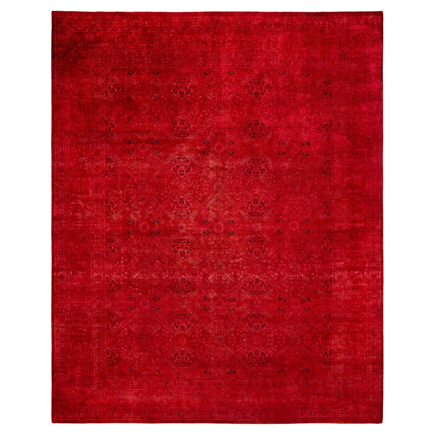 Contemporary Overdyed Hand Knotted Wool Red Area Rug For Sale