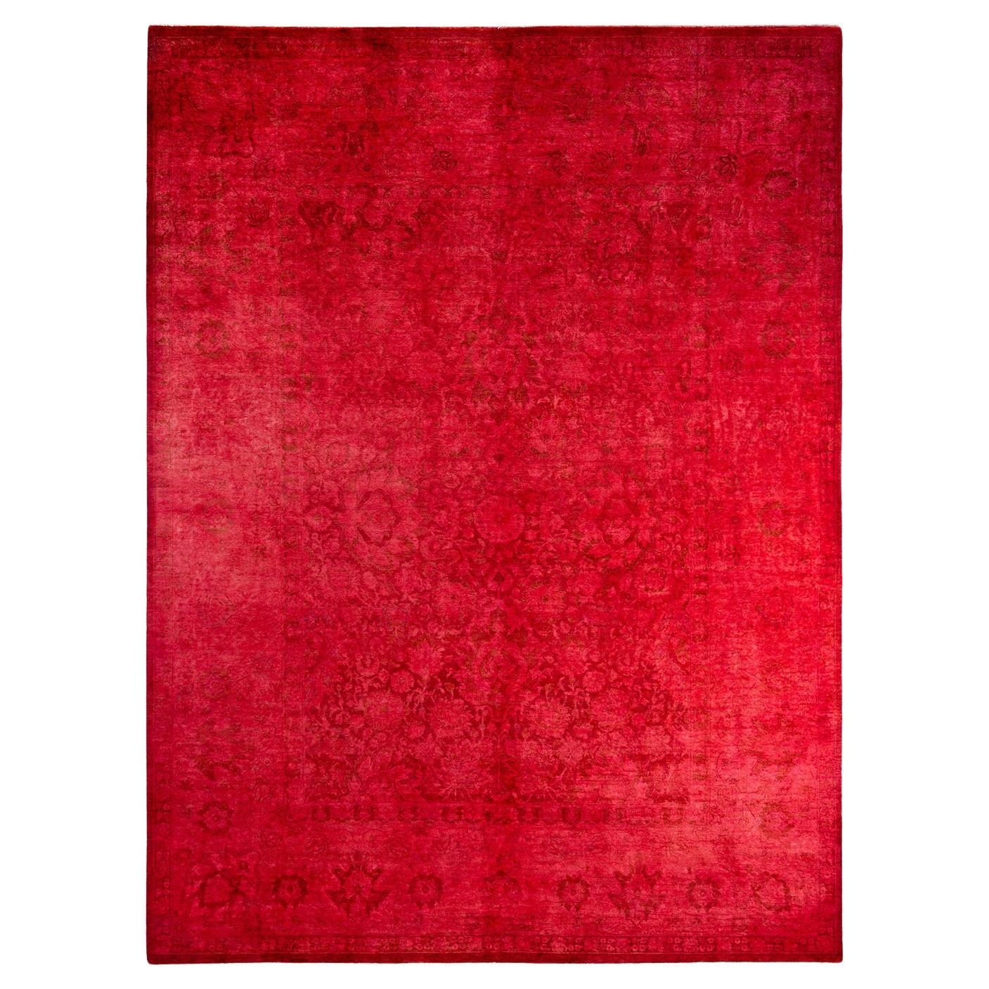 Contemporary Overdyed Hand Knotted Wool Red Area Rug For Sale