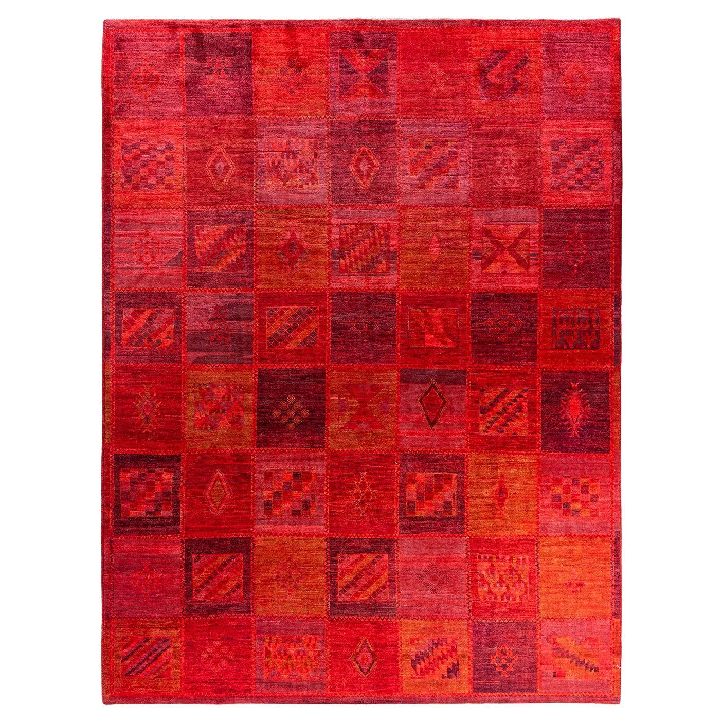 Contemporary Overdyed Hand Knotted Wool Red Area Rug