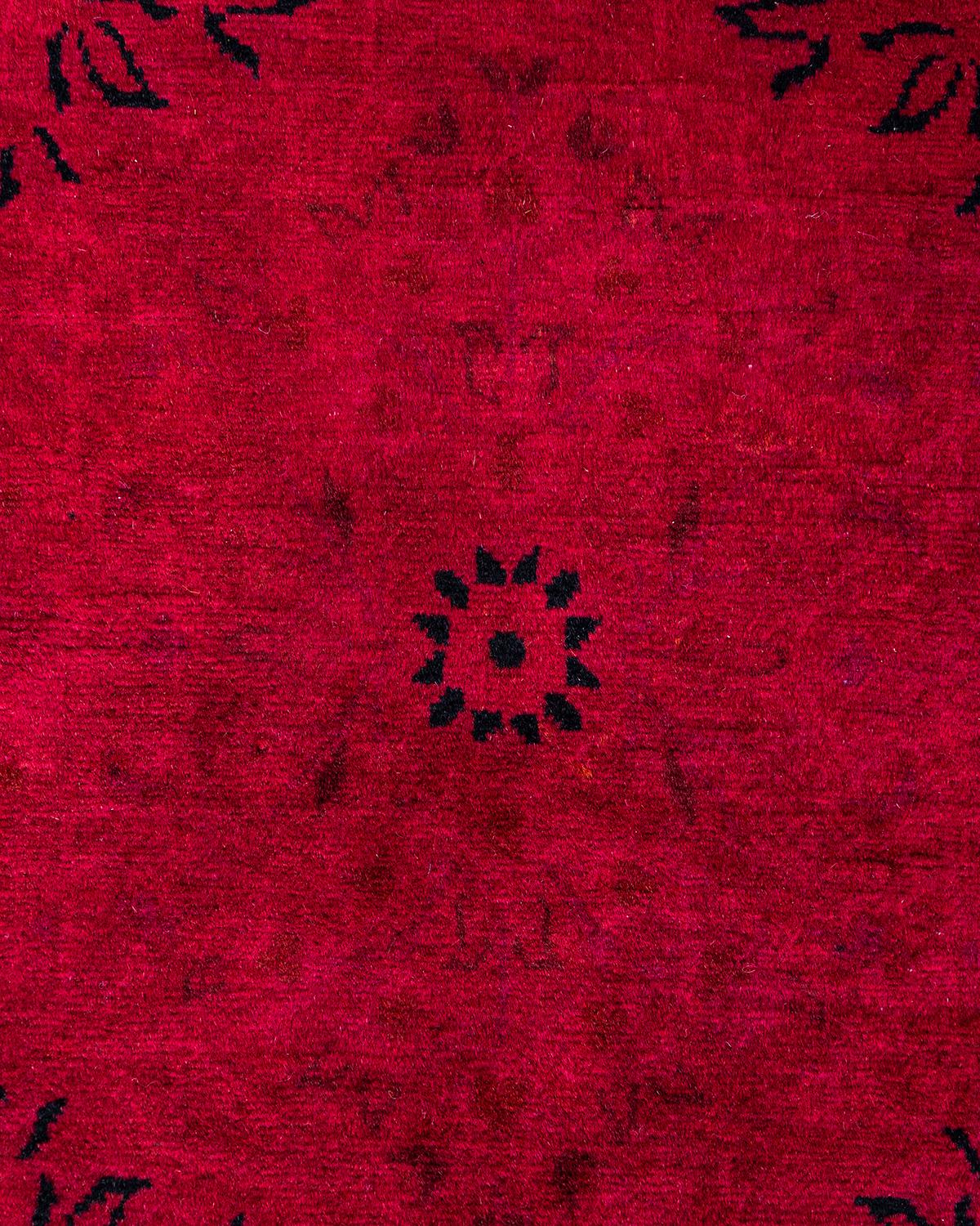 Pakistani Contemporary Overdyed Hand Knotted Wool Red Oval Area Rug For Sale