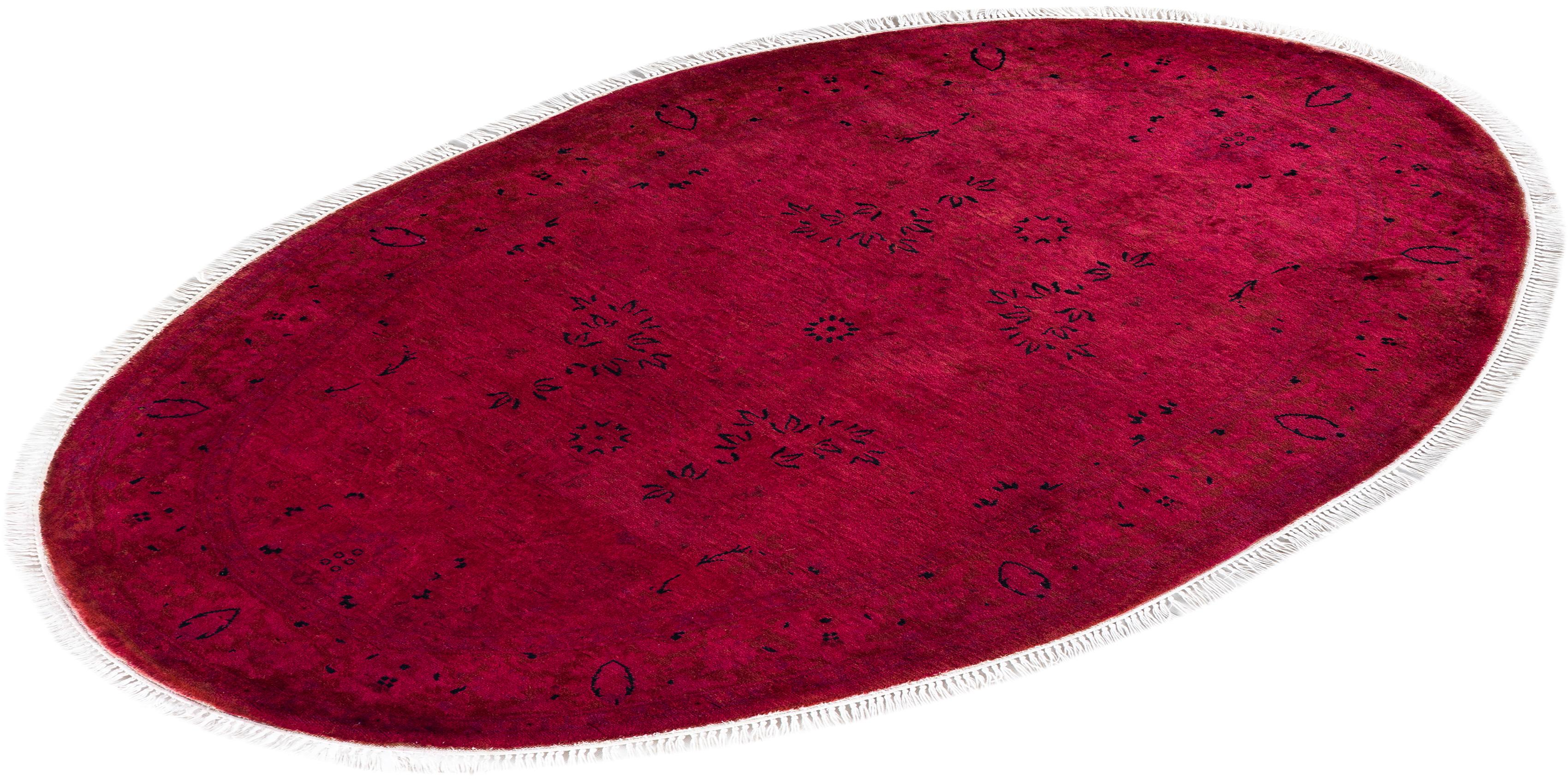 Contemporary Overdyed Hand Knotted Wool Red Oval Area Rug For Sale 4