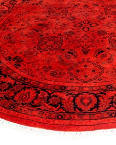 Contemporary Overdyed Hand Knotted Wool Red Round Area Rug