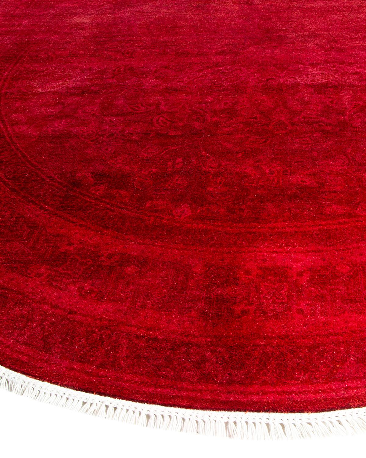 Pakistani Contemporary Overdyed Hand Knotted Wool Red Round Area Rug For Sale