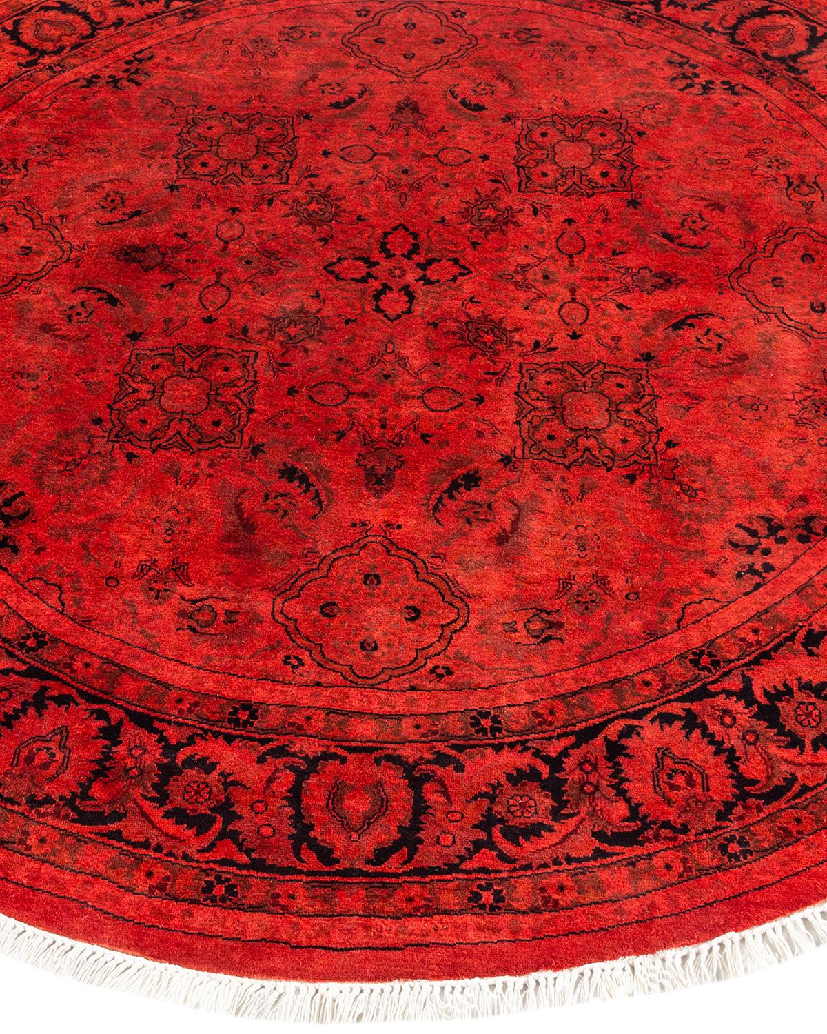 Contemporary Overdyed Hand Knotted Wool Red Round Area Rug In New Condition For Sale In Norwalk, CT