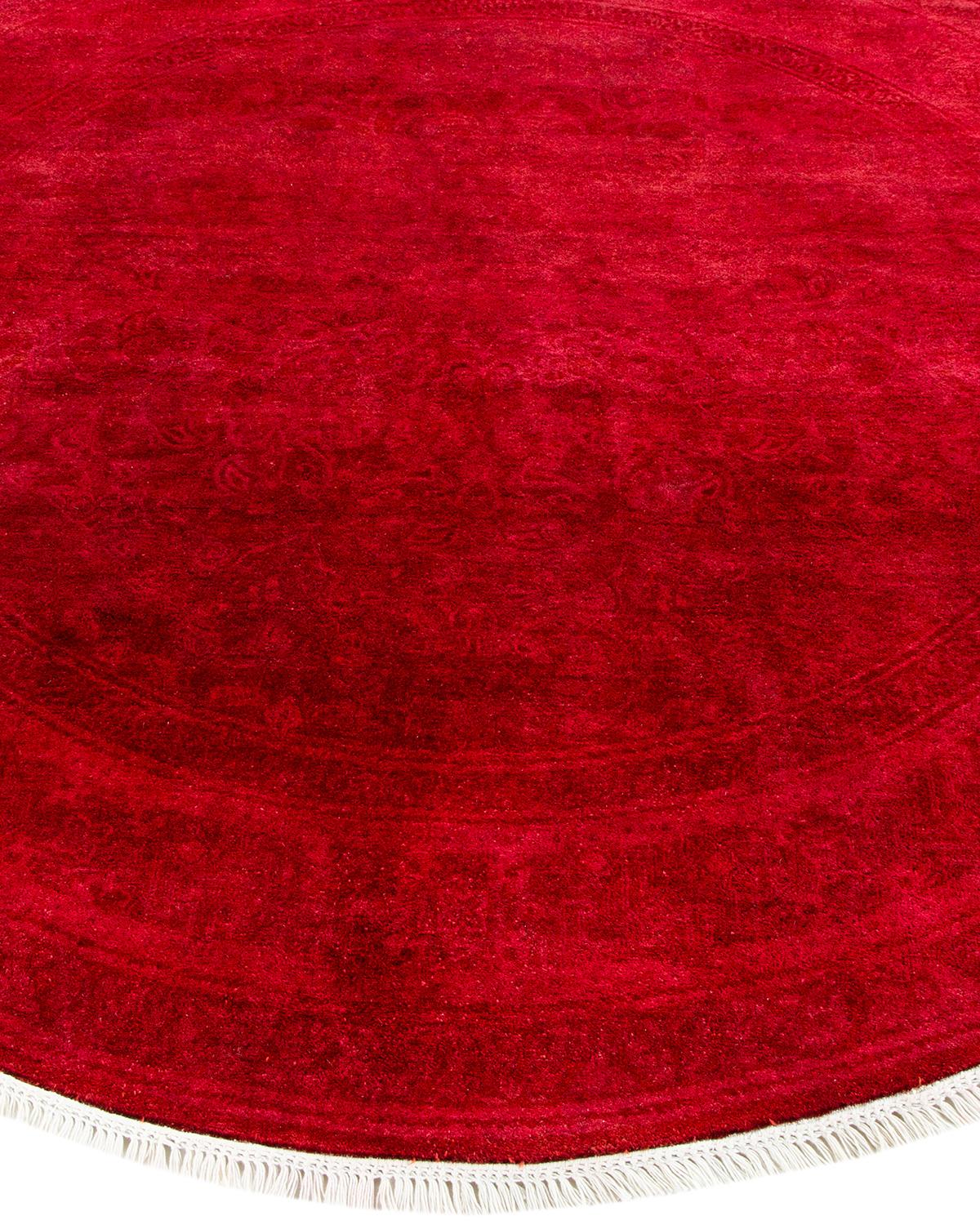 Contemporary Overdyed Hand Knotted Wool Red Round Area Rug For Sale 1